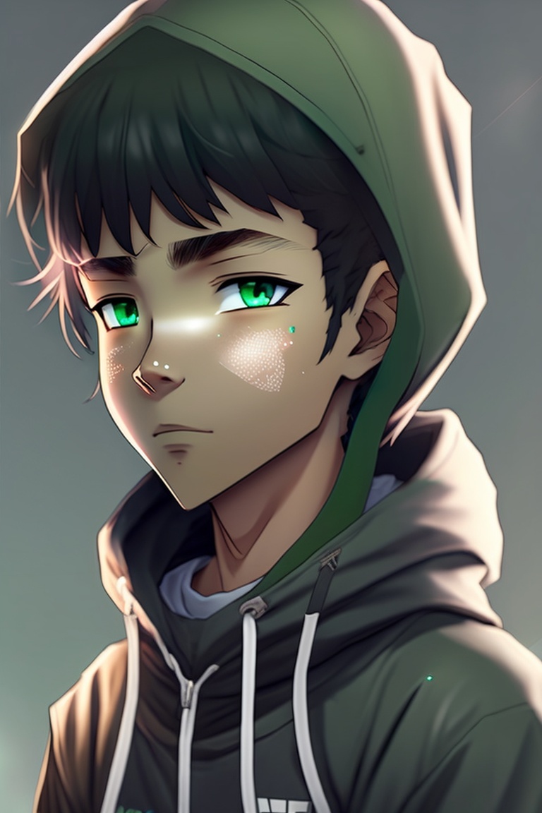 Lexica - A anime brown boy with green eyes and a bone mouth, wearing a ...