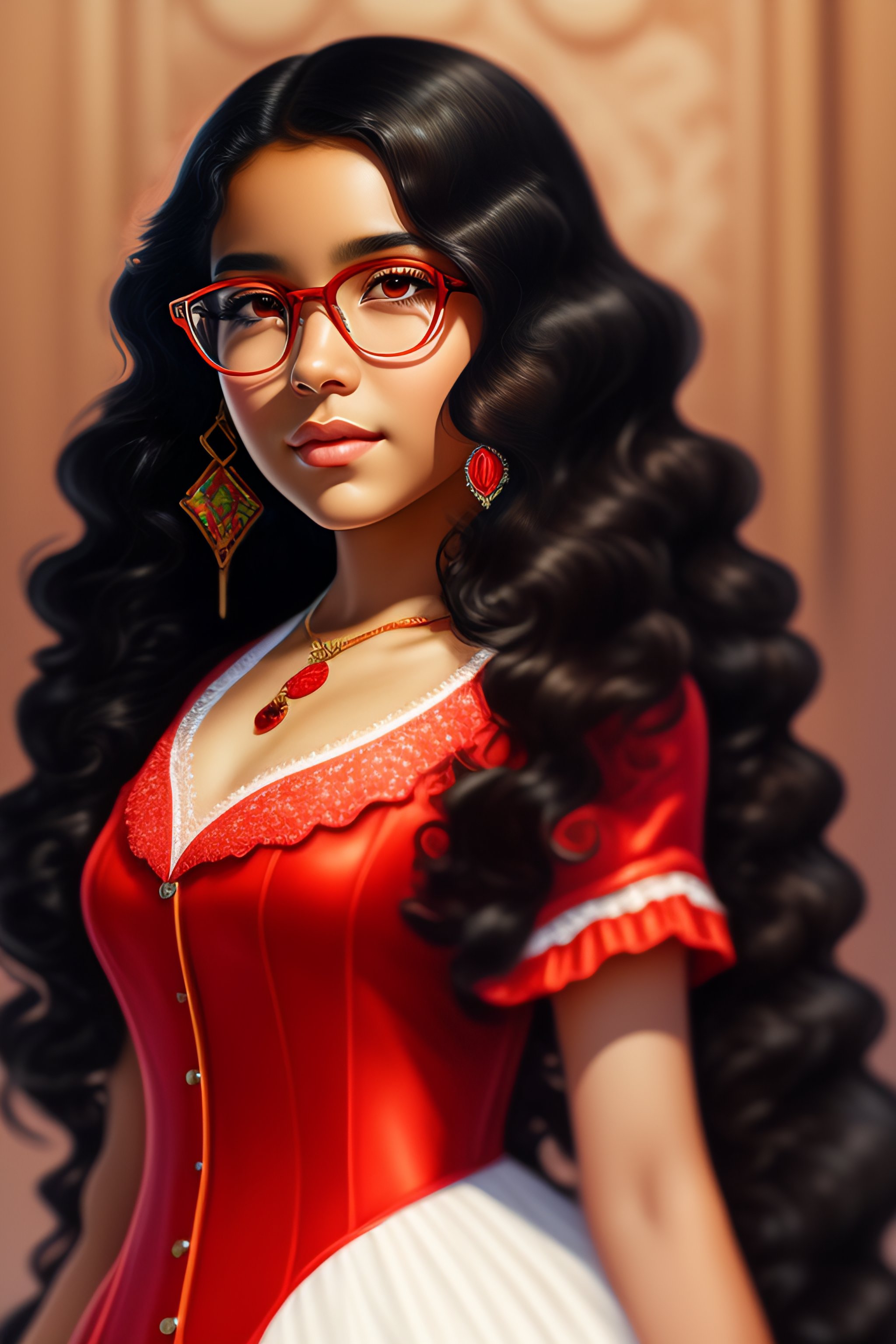 Lexica - Realistc portrait of latino girl with white skin color with black  curly hair with a red dress, anime masterpiece, highly detailed, with gla...