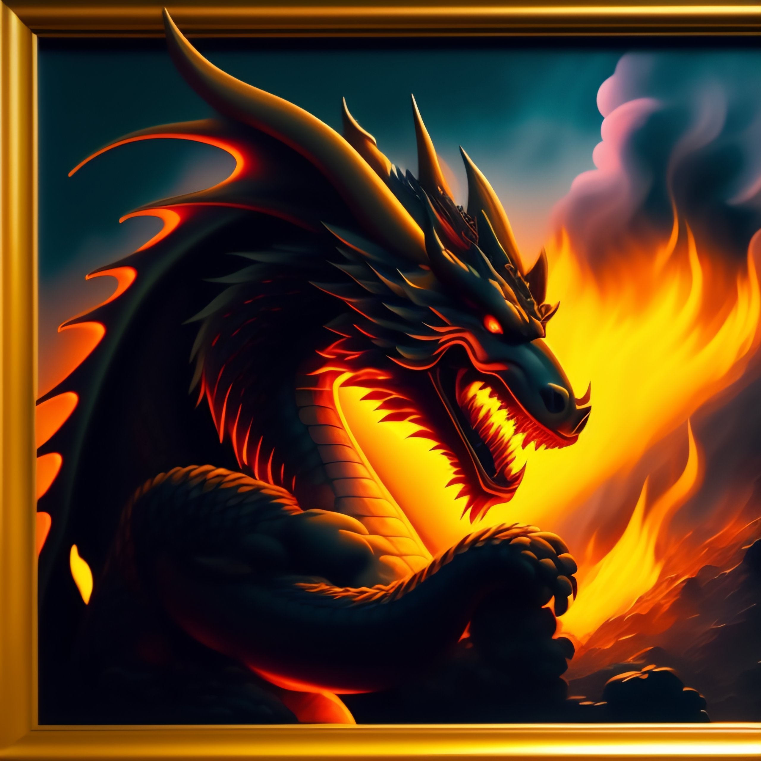 Lexica - Dragon spits fire on a man, burning village in background ...