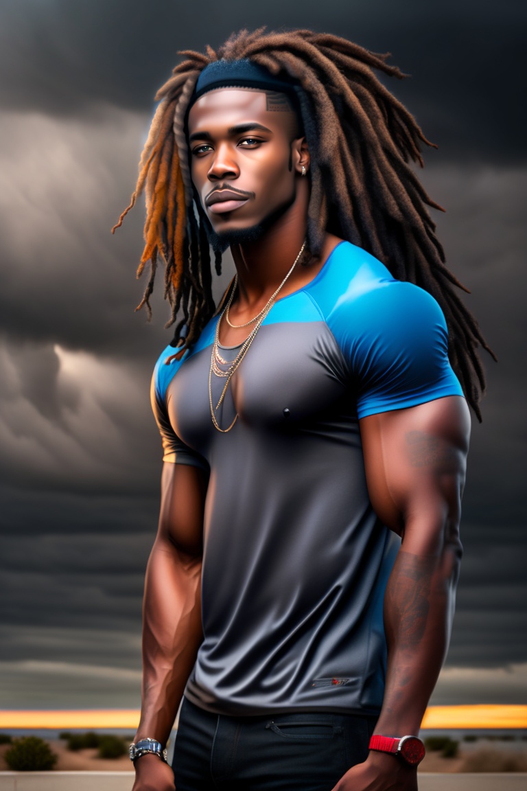 Lexica A black man in his twenties with dreadlocks one blue eye and one red eye. He is handsome with a muscular body and a perfect face. He wear