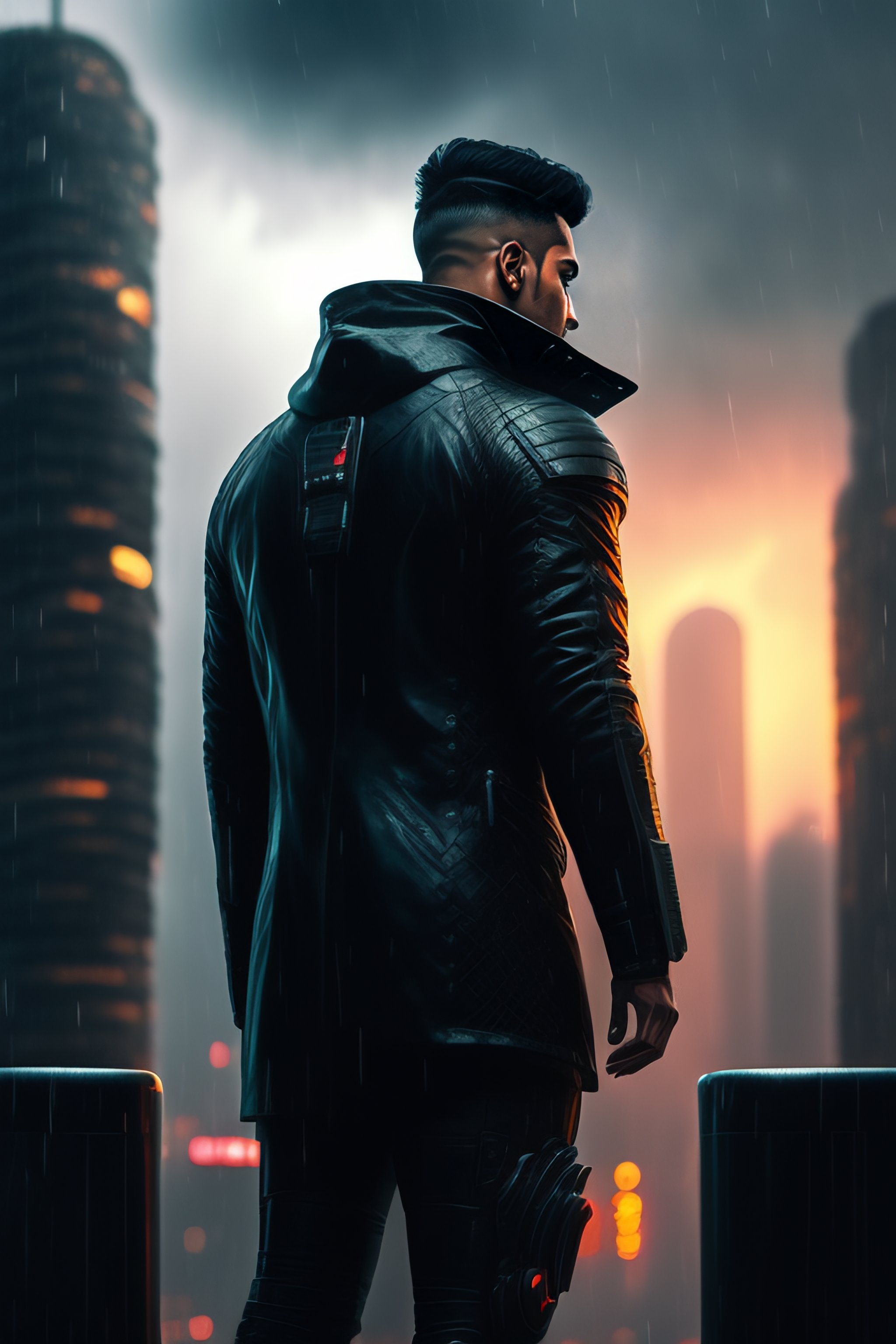 Cyberpunk wallpaper with a character on top of a building