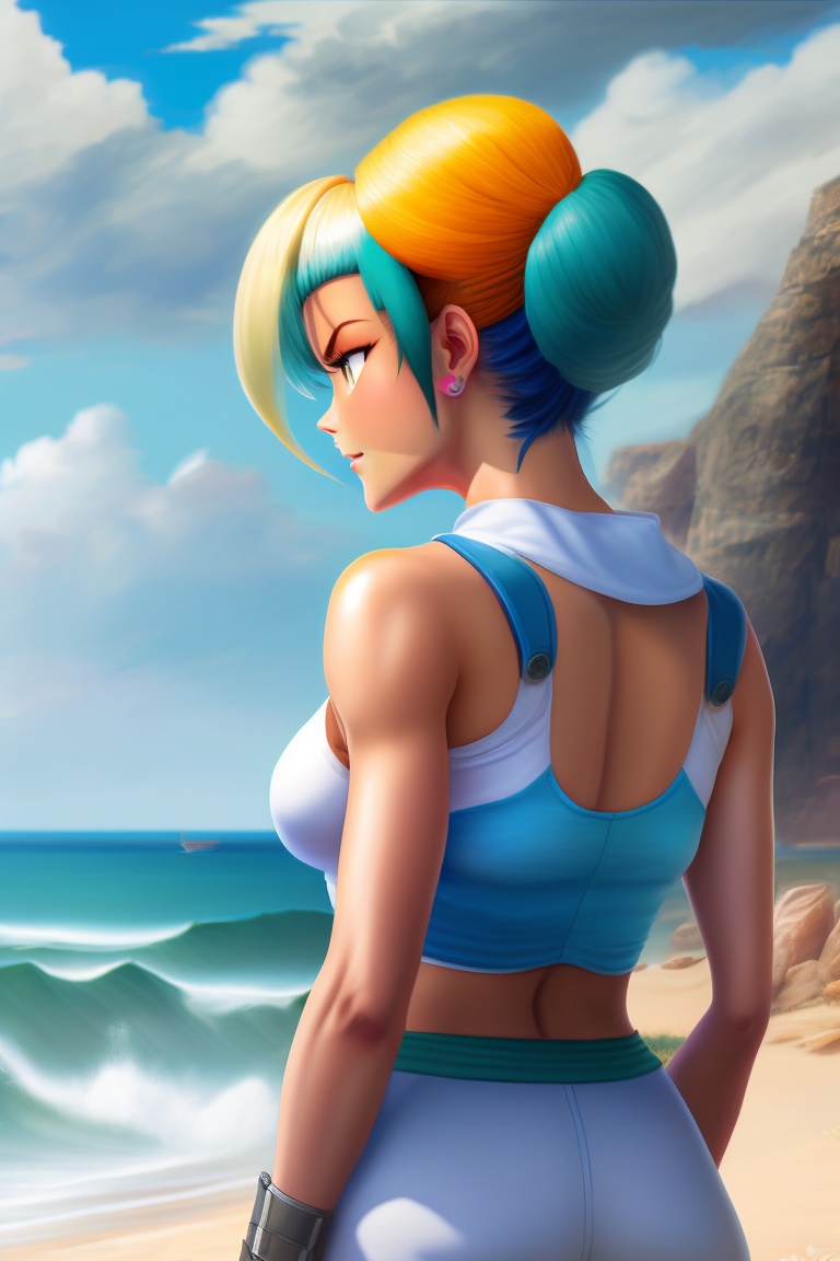 Lexica - Bulma from Dragonball Z, at the beach, view from the back ...