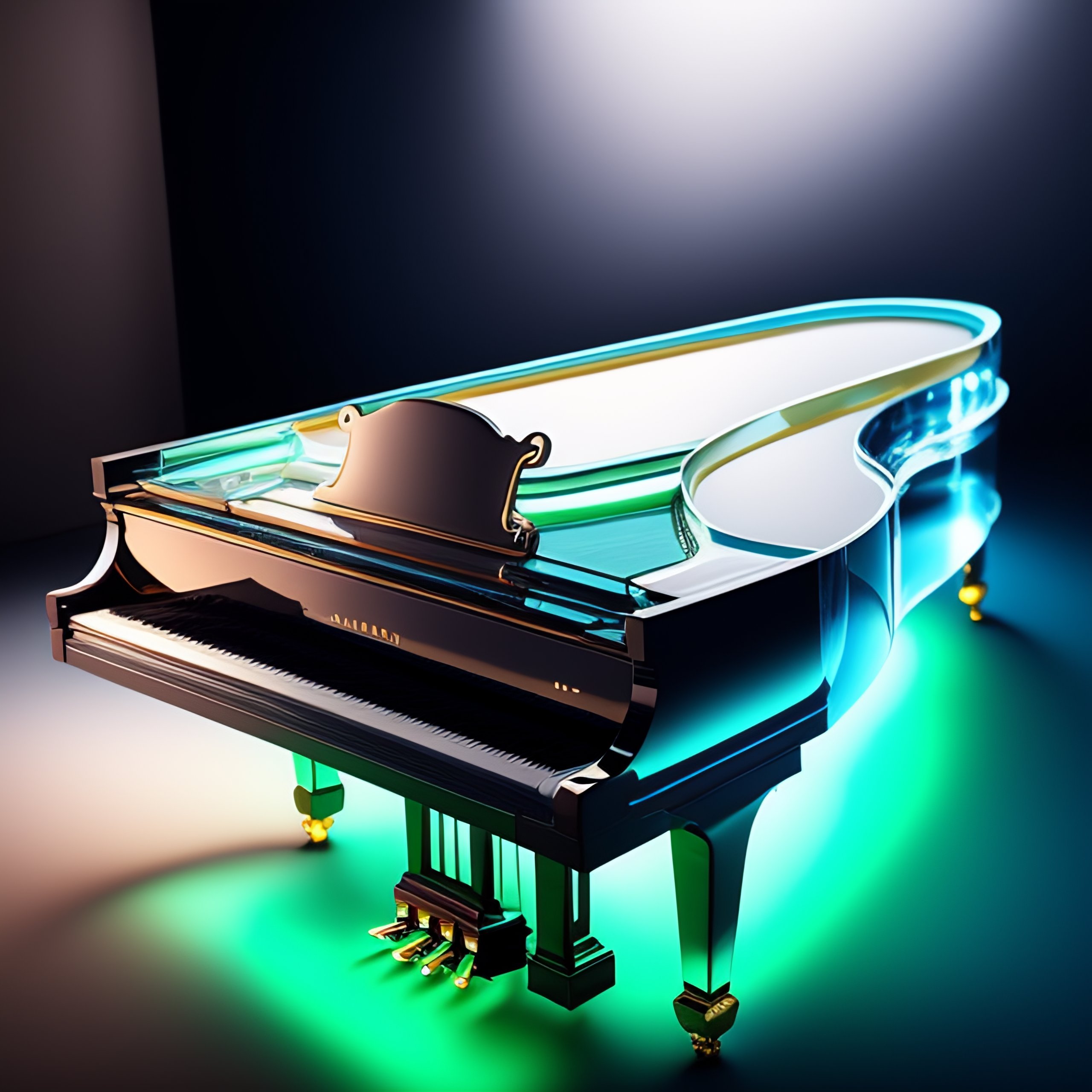 Lexica A piano made of glass and water glowing in the dark