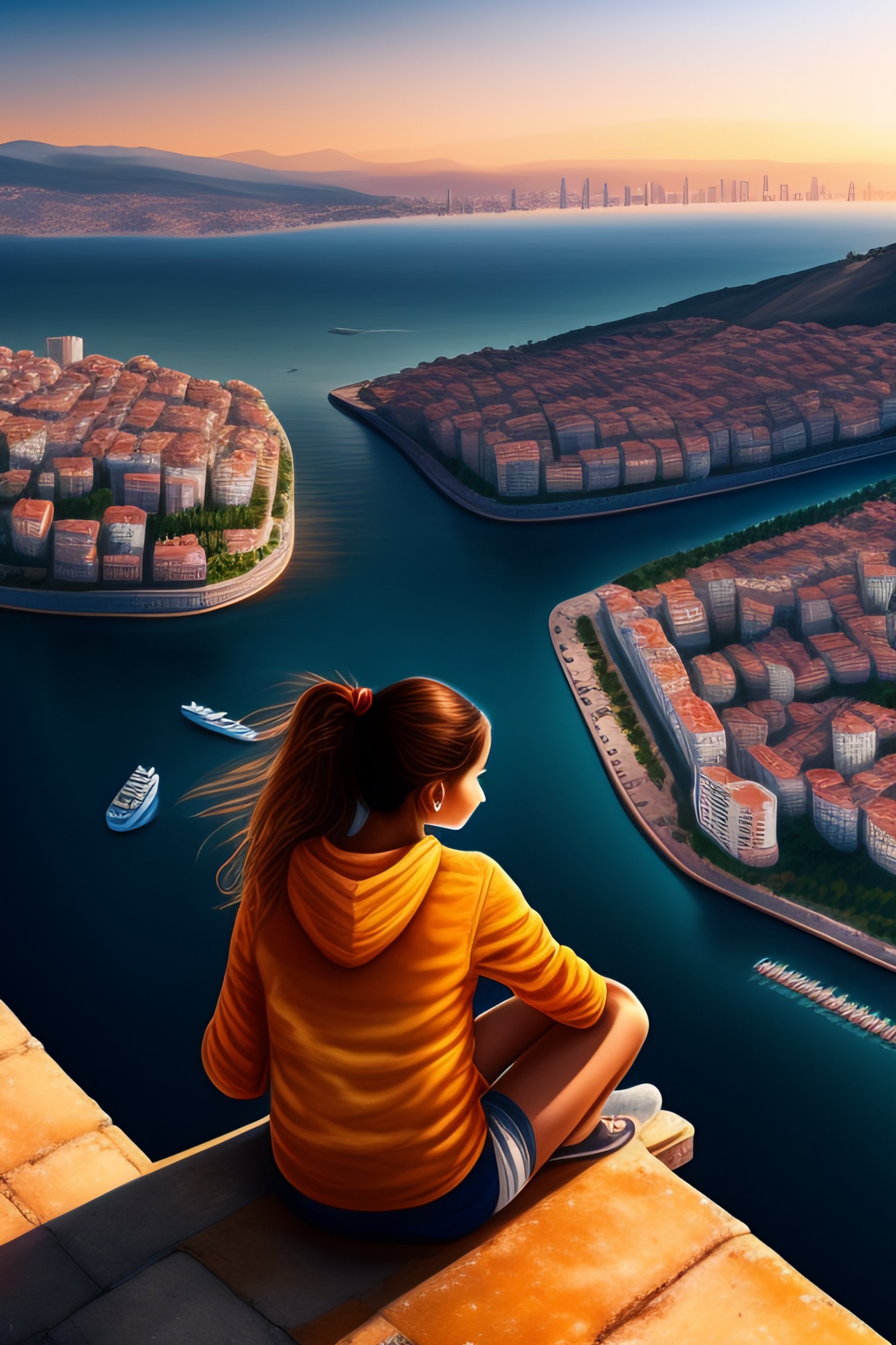Lexica - Girl sitting on a roof looking down at a city of izmir below ...