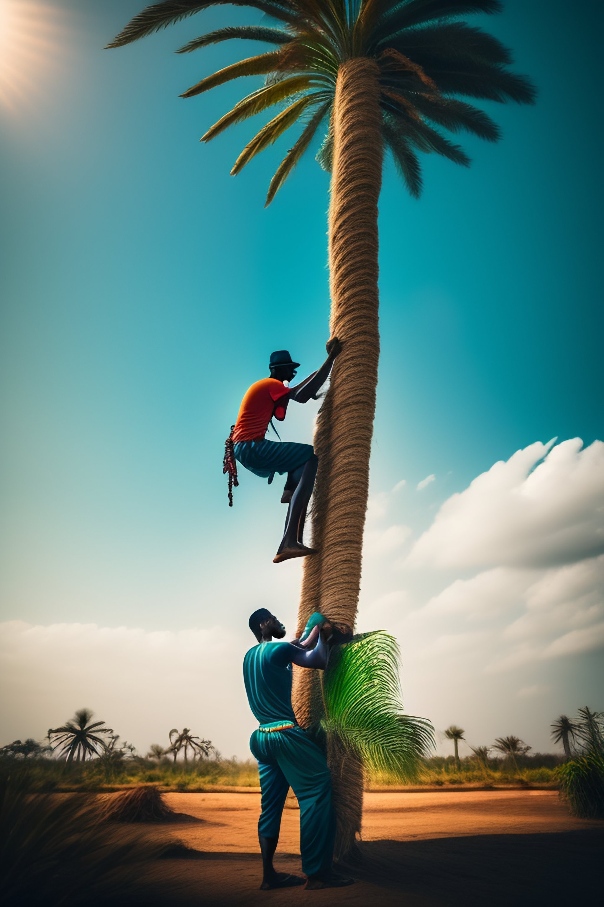 Lexica A Palm Wine Tapper climbing a palm tree with ropes wrapped