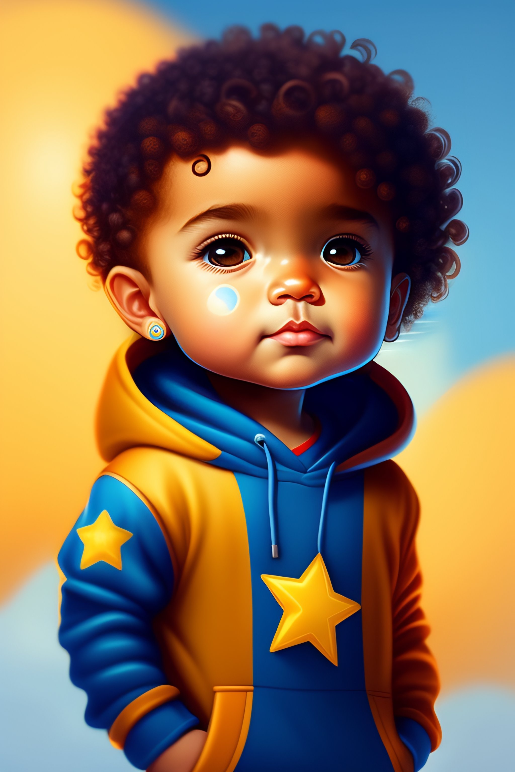 Lexica - Cute and adorable cartoon tan with brown curly hair male baby  wearing a blue hoodie with a large yellow star on the chest, fantasy,  dreamli