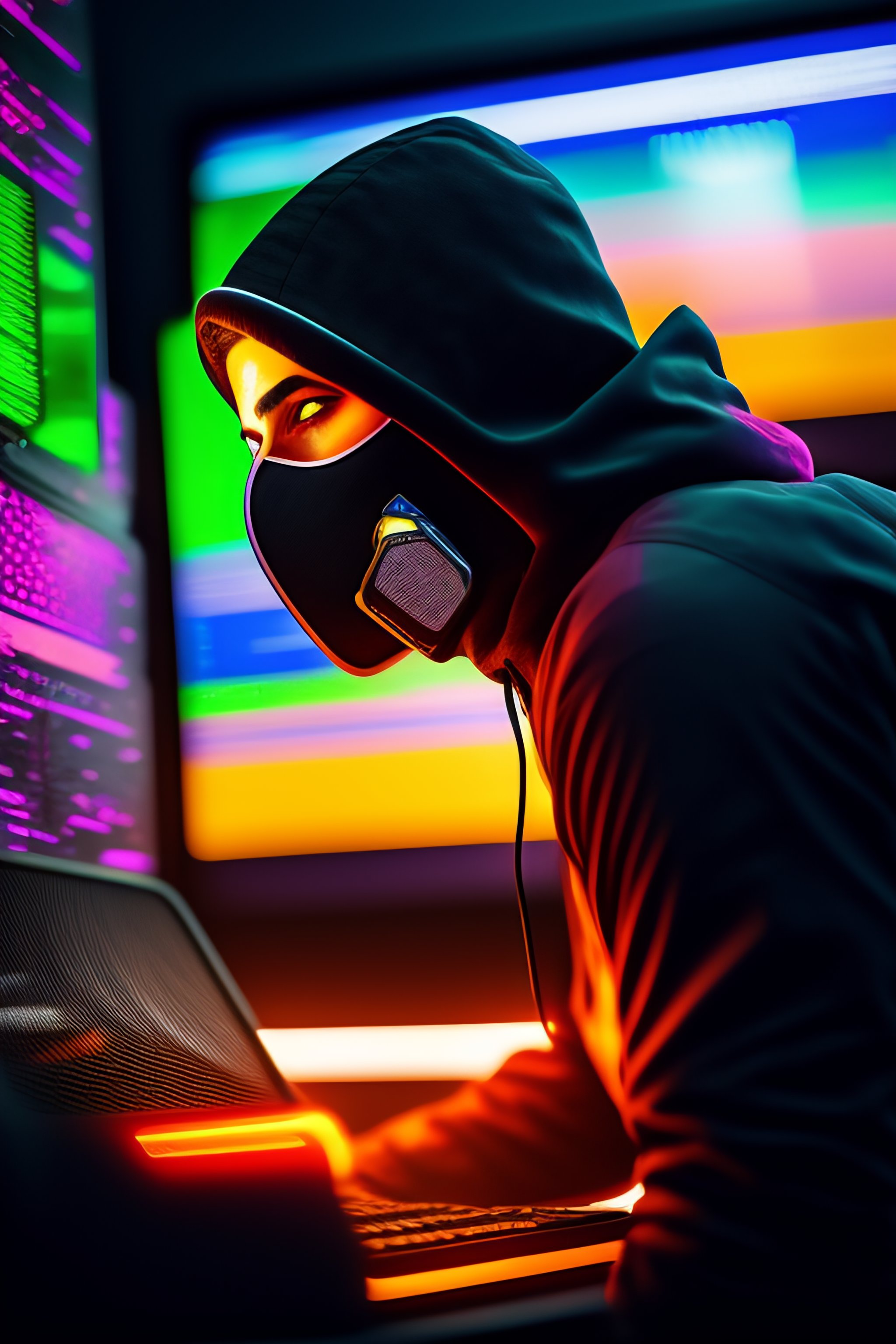 Lexica - Generate an image of a hacker in a mask at a computer with an ...
