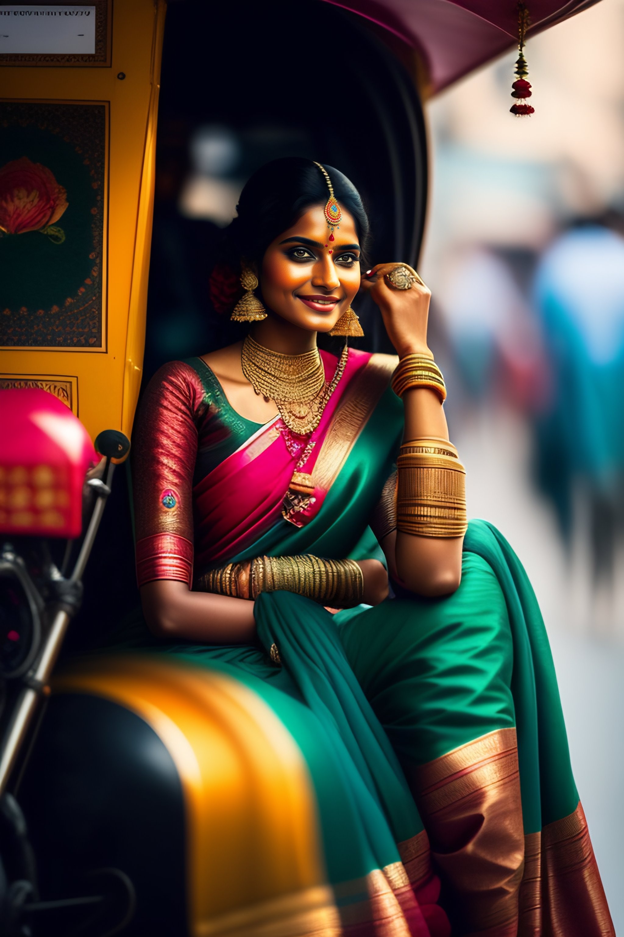 Lexica - Indian girl wearing saree,sitting on rickshaw