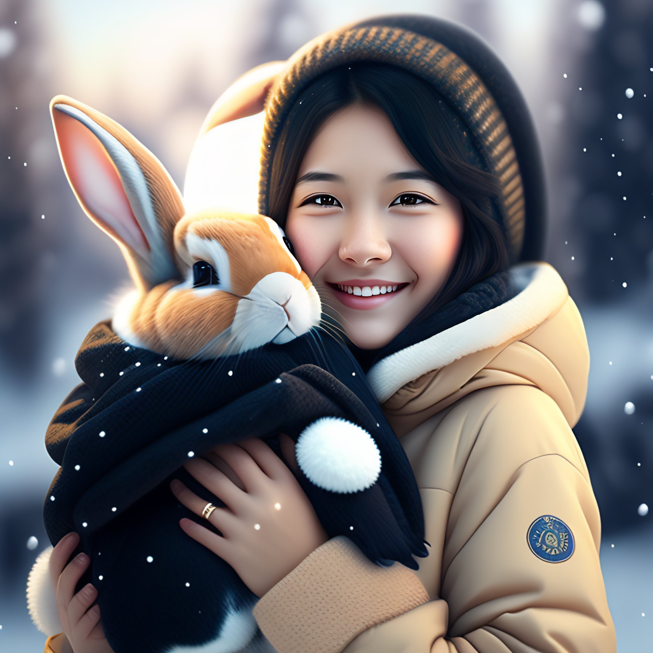 Lexica - Happy girl with winter sleepy cute rabbit, black hair