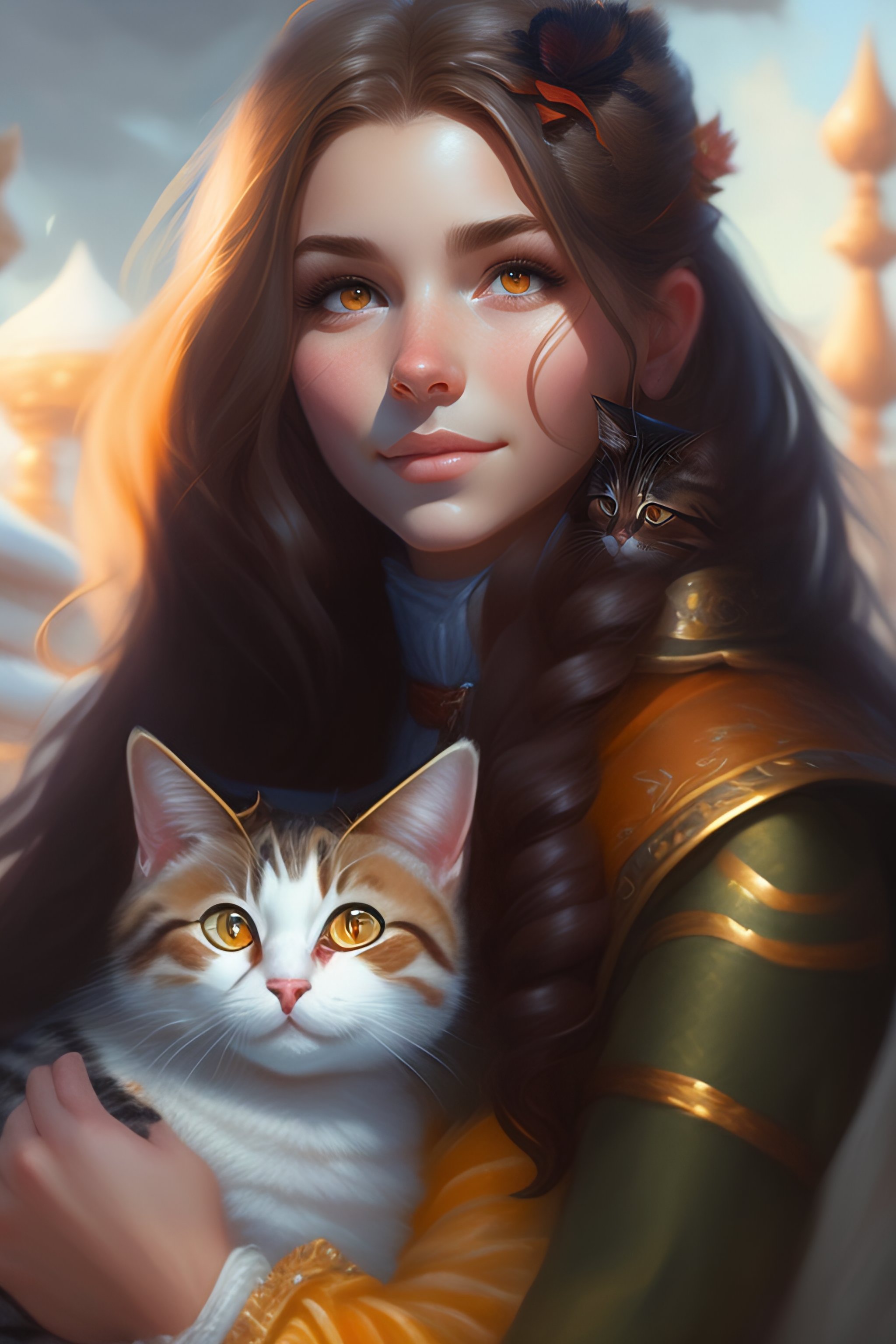 Lexica - A detailed portrait of a cute brunette girl hugging a tabby ...