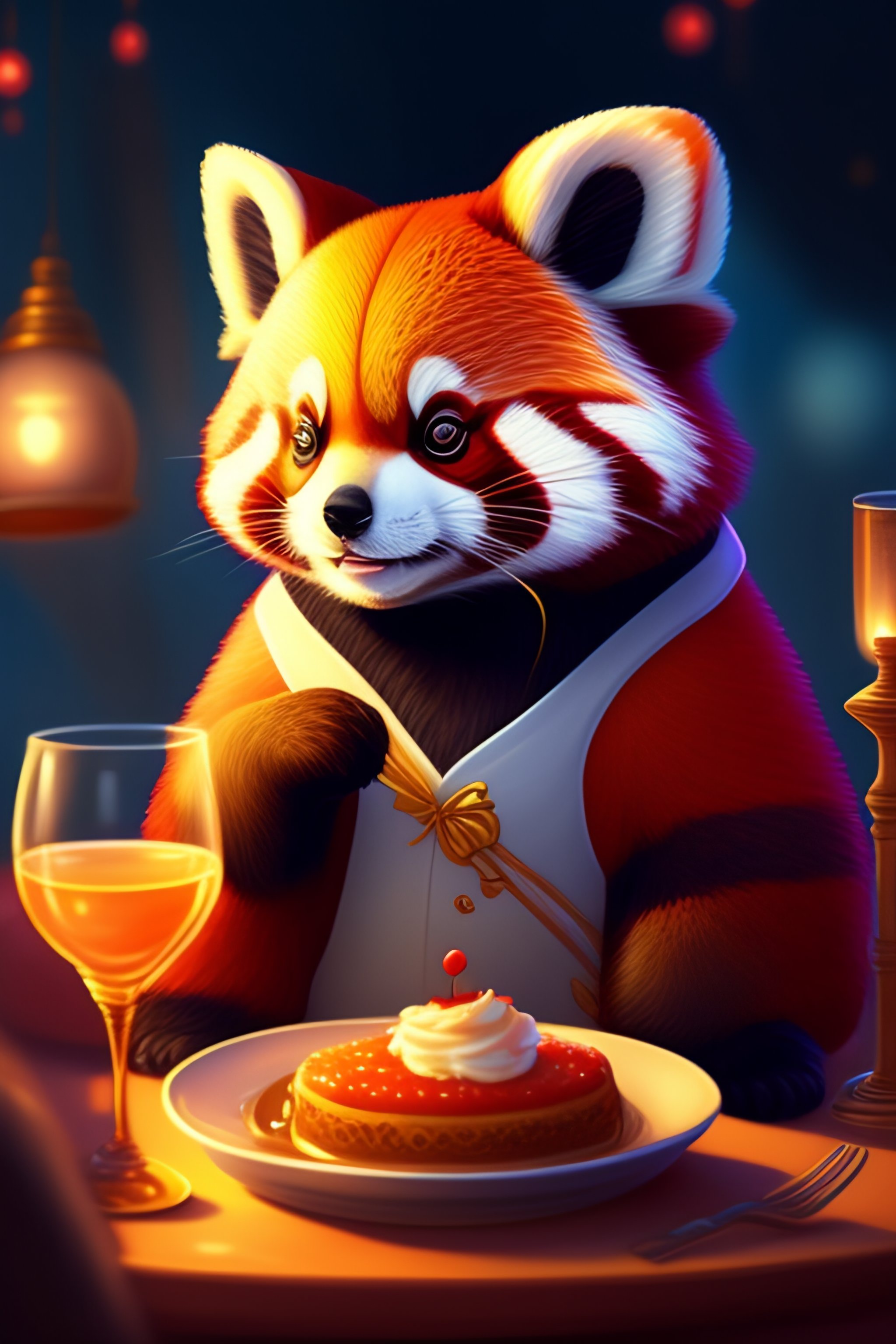 Lexica - Cute and adorable cartoon red panda, dining at long table on ...
