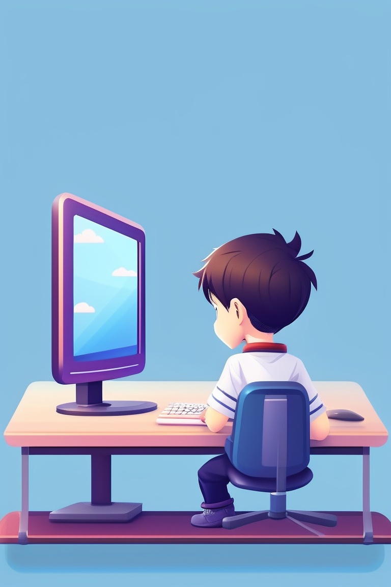 Lexica - A cartoon boy sitting in front of computer, front view, anime 2d