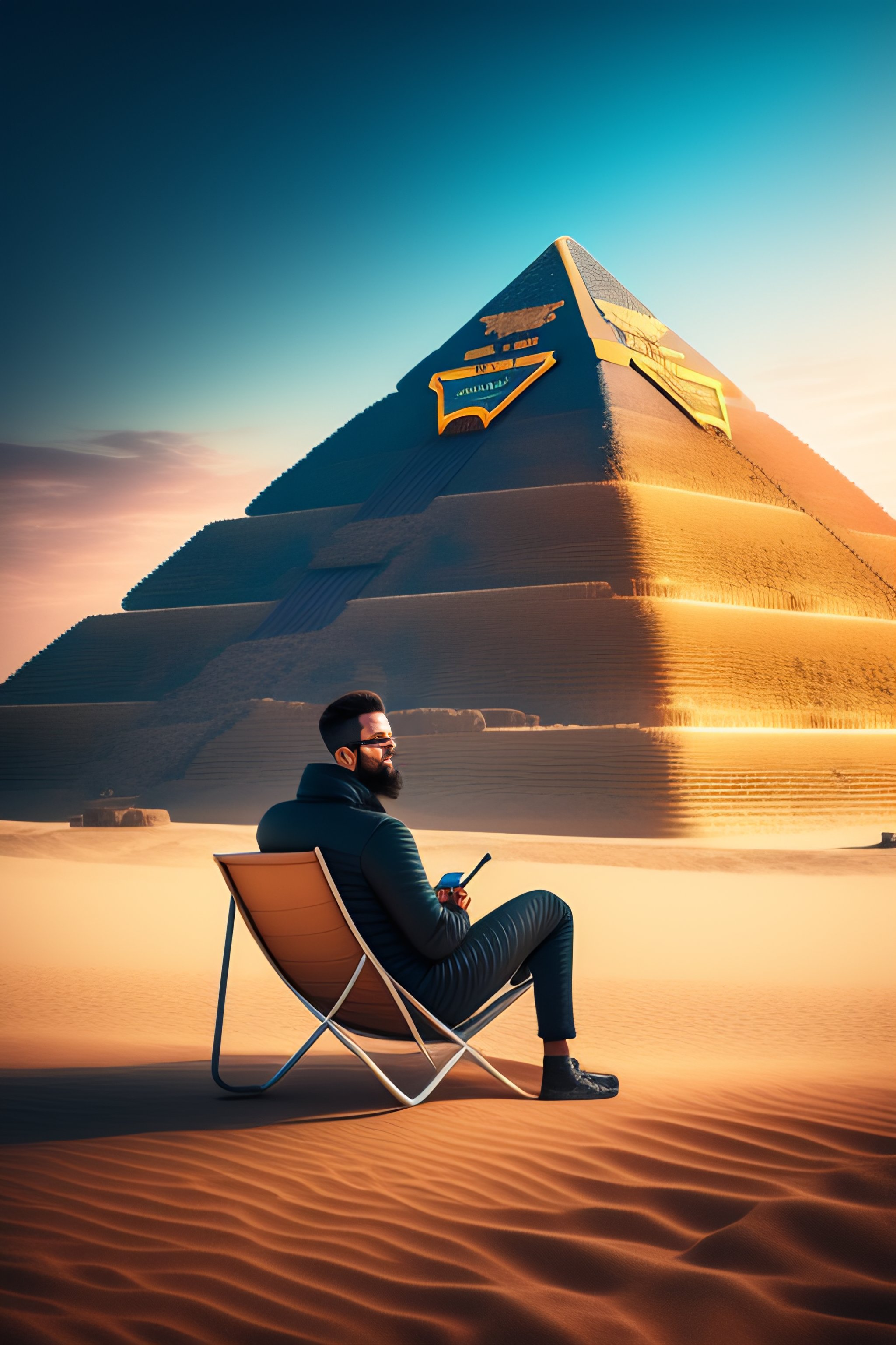 Lexica - Photo of a mustached man sitting on a beach chair on top of ...