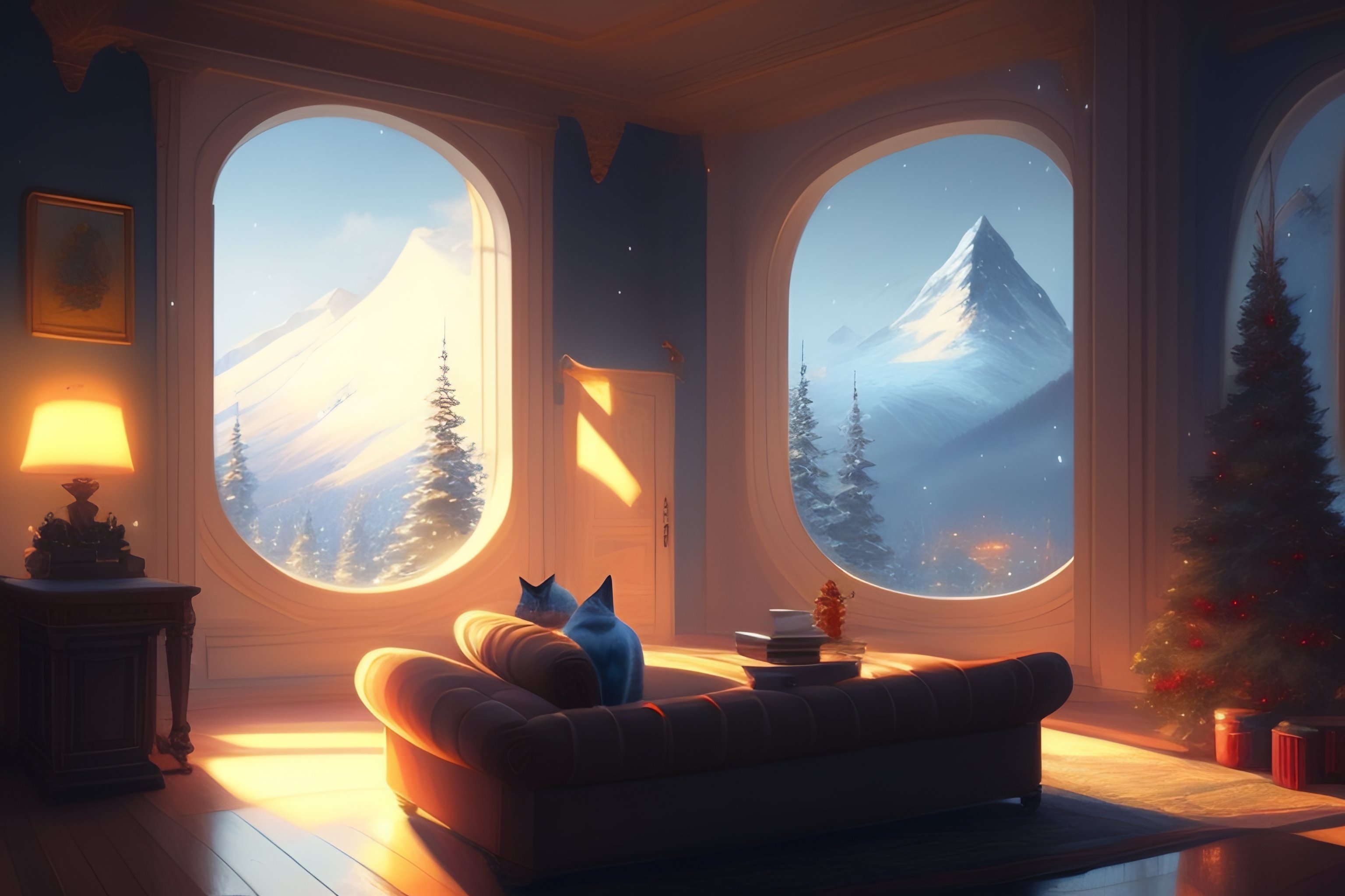Lexica - Cute living room, window on the middle, cat on the sofa ...