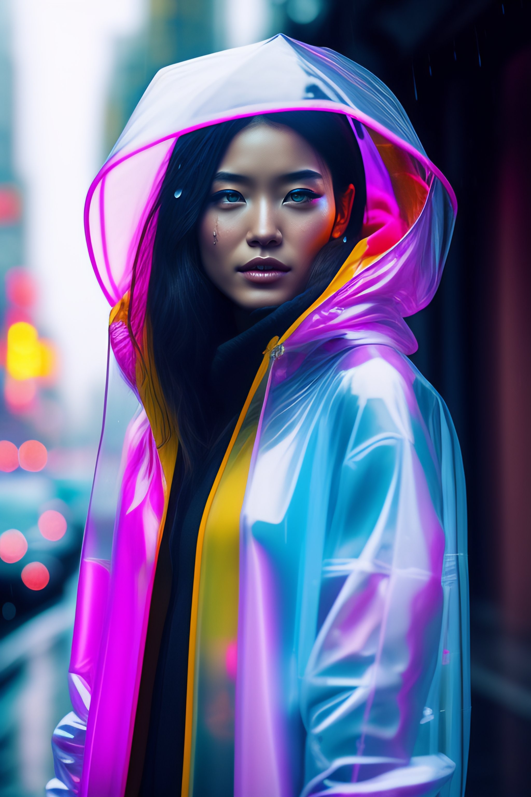 Lexica - Cyborg girl wearing transparent raincoat, cyborg parts, rainy ...