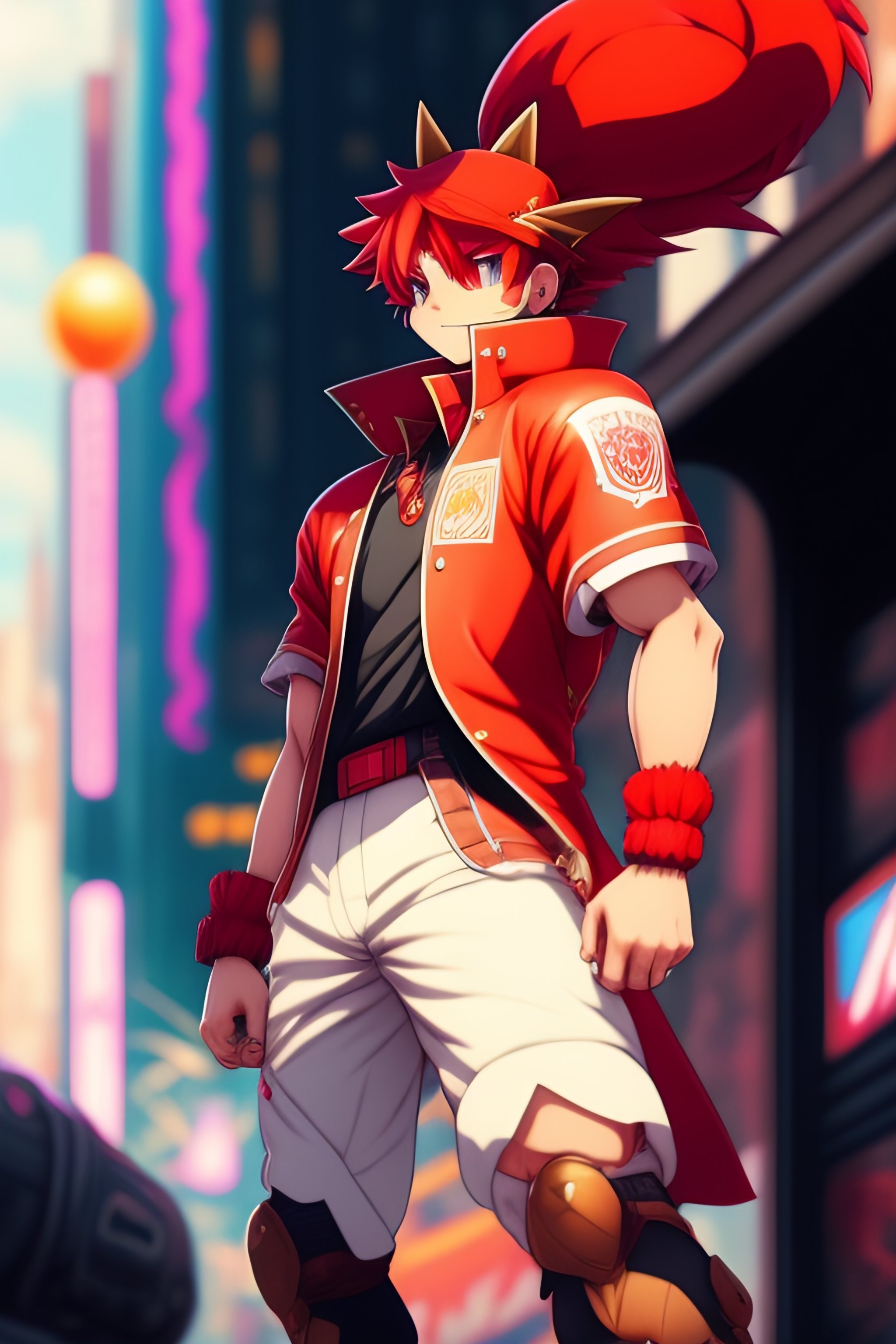 Lexica - A picture of a full body male pokemon trainer in red with a flying  charizard in a neo punk city, color full, highly detailed