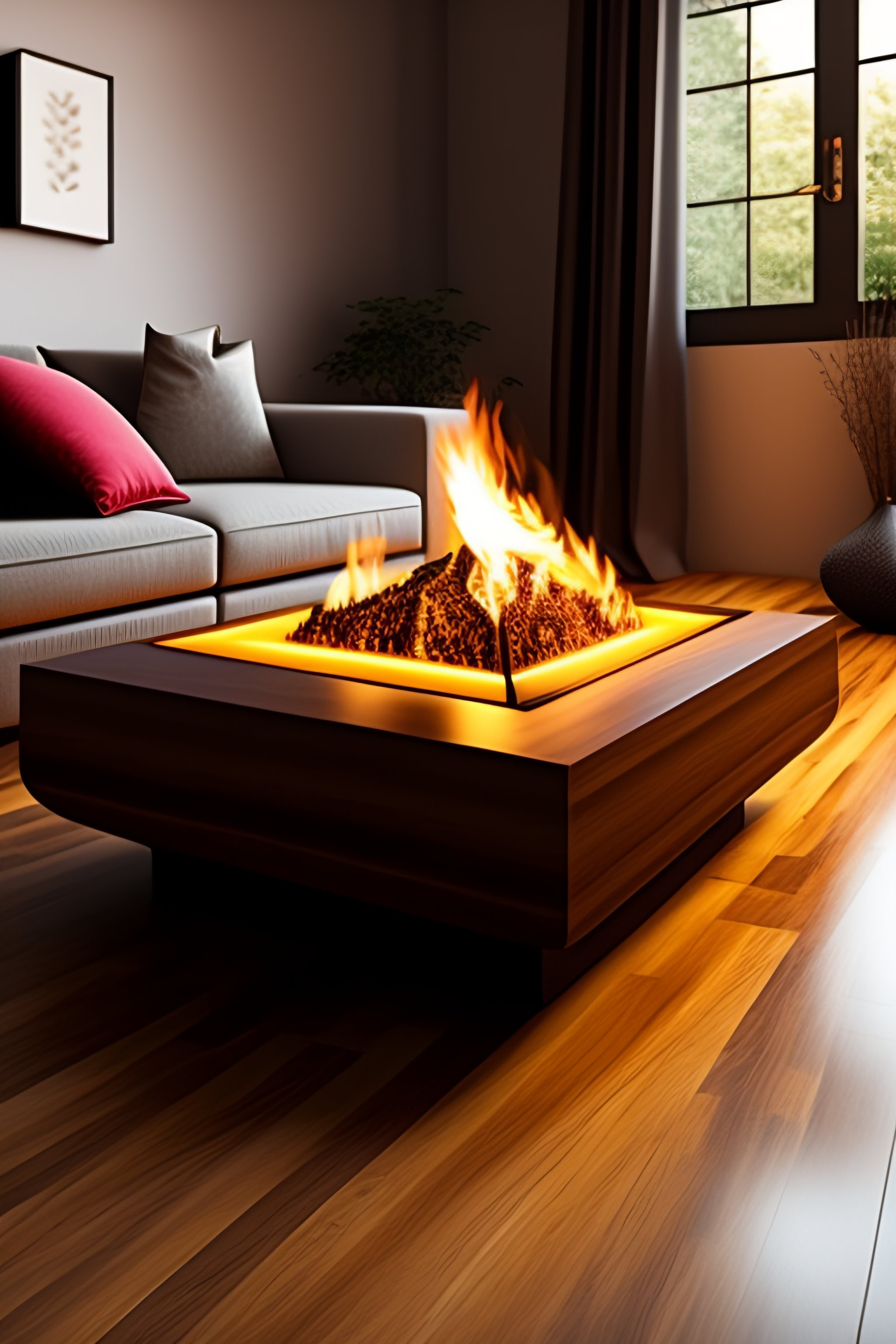 Lexica - Interior casa de madera alfombra mesa sillas espejo chimenea fuego
