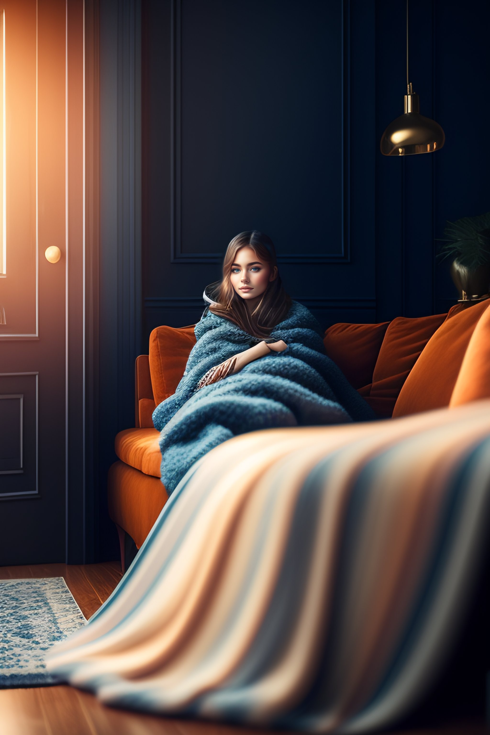 Lexica - Realistic girl sitting on a sofa under a blanket in a ...
