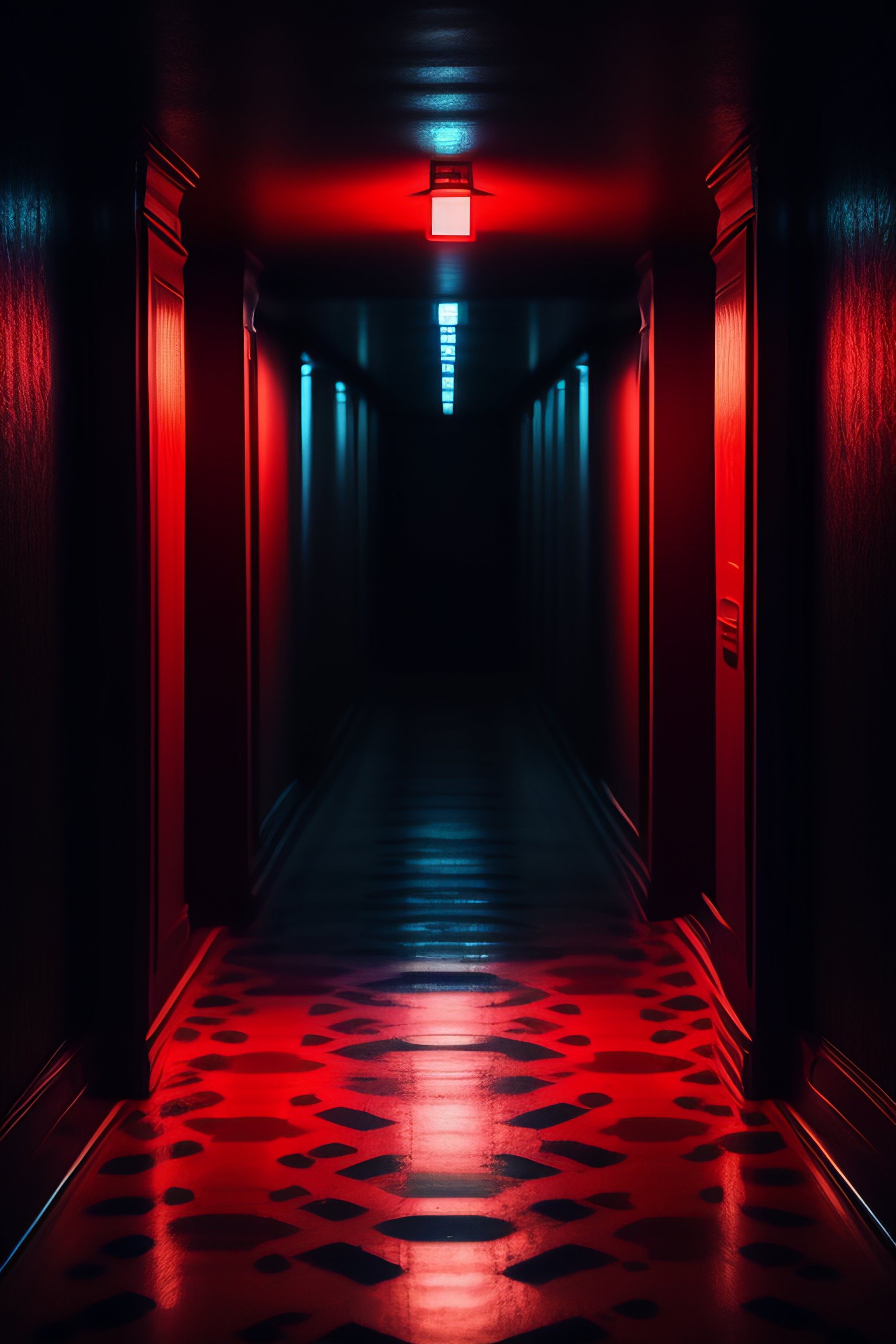 Lexica Photograph of an extremely dark narrow hallway with glowing humanoid cryptid made out