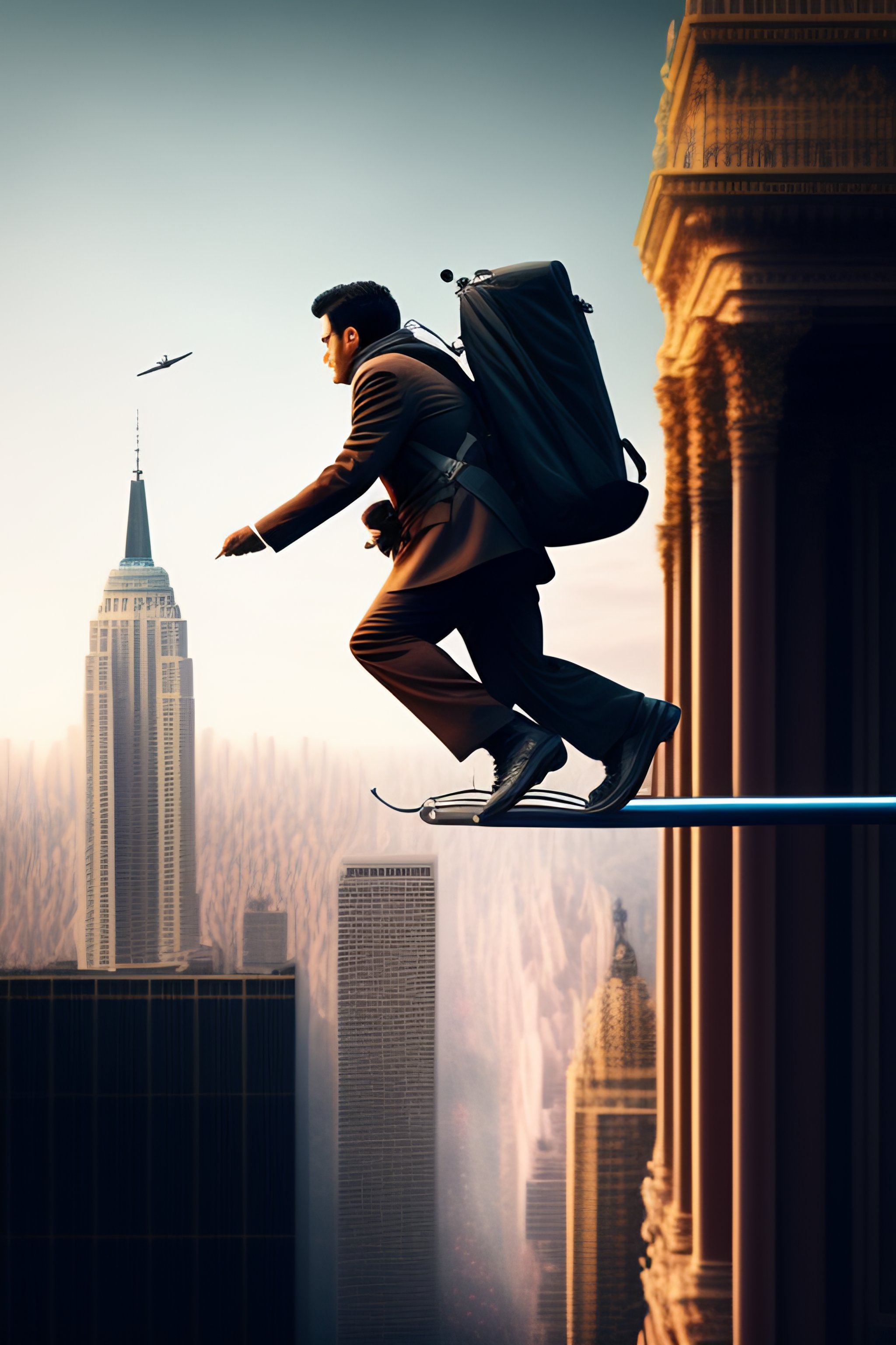 Lexica - A man flies on an iron stick through the city