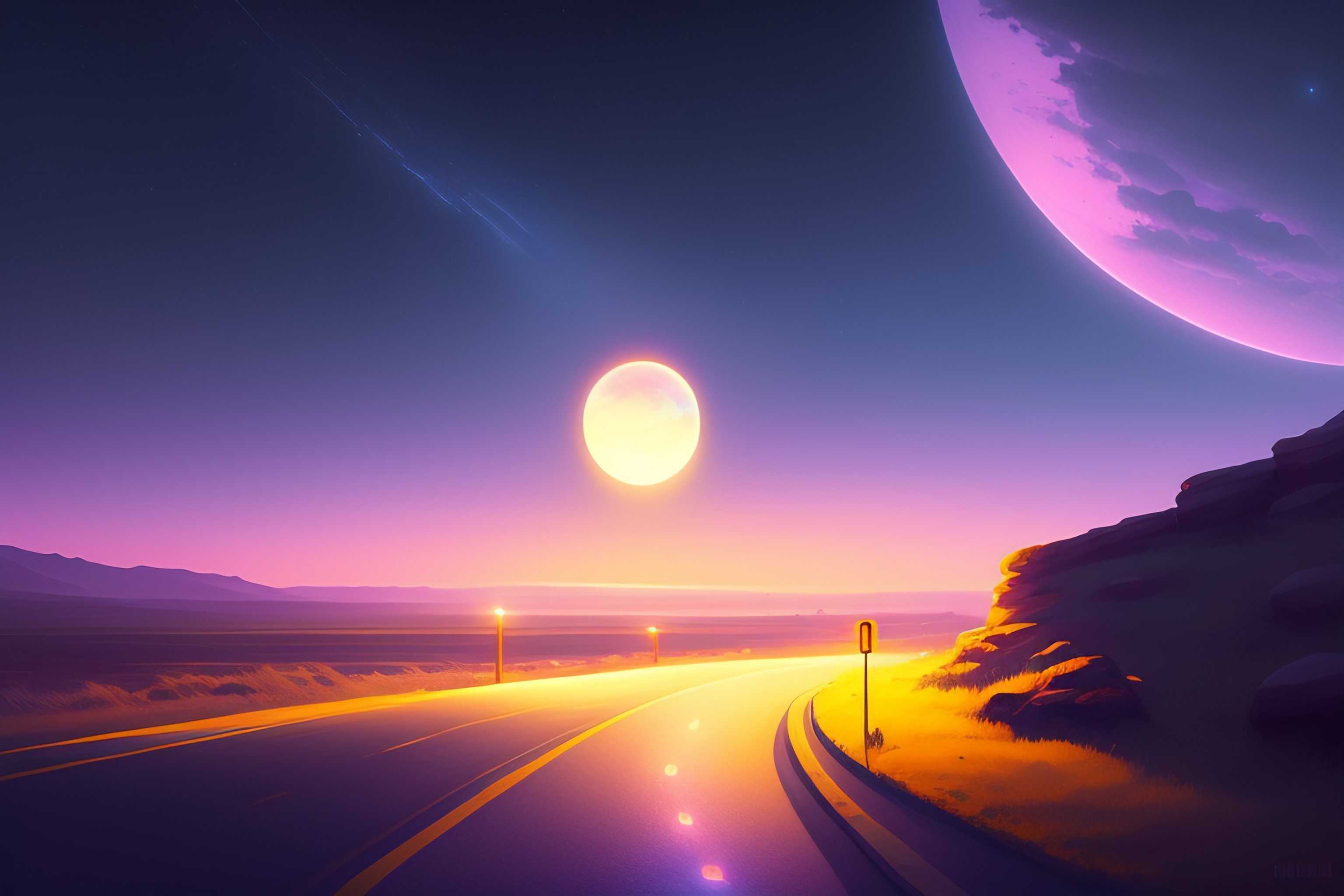 Lexica Roadside, one small yellow sphere floating on shoulder of road