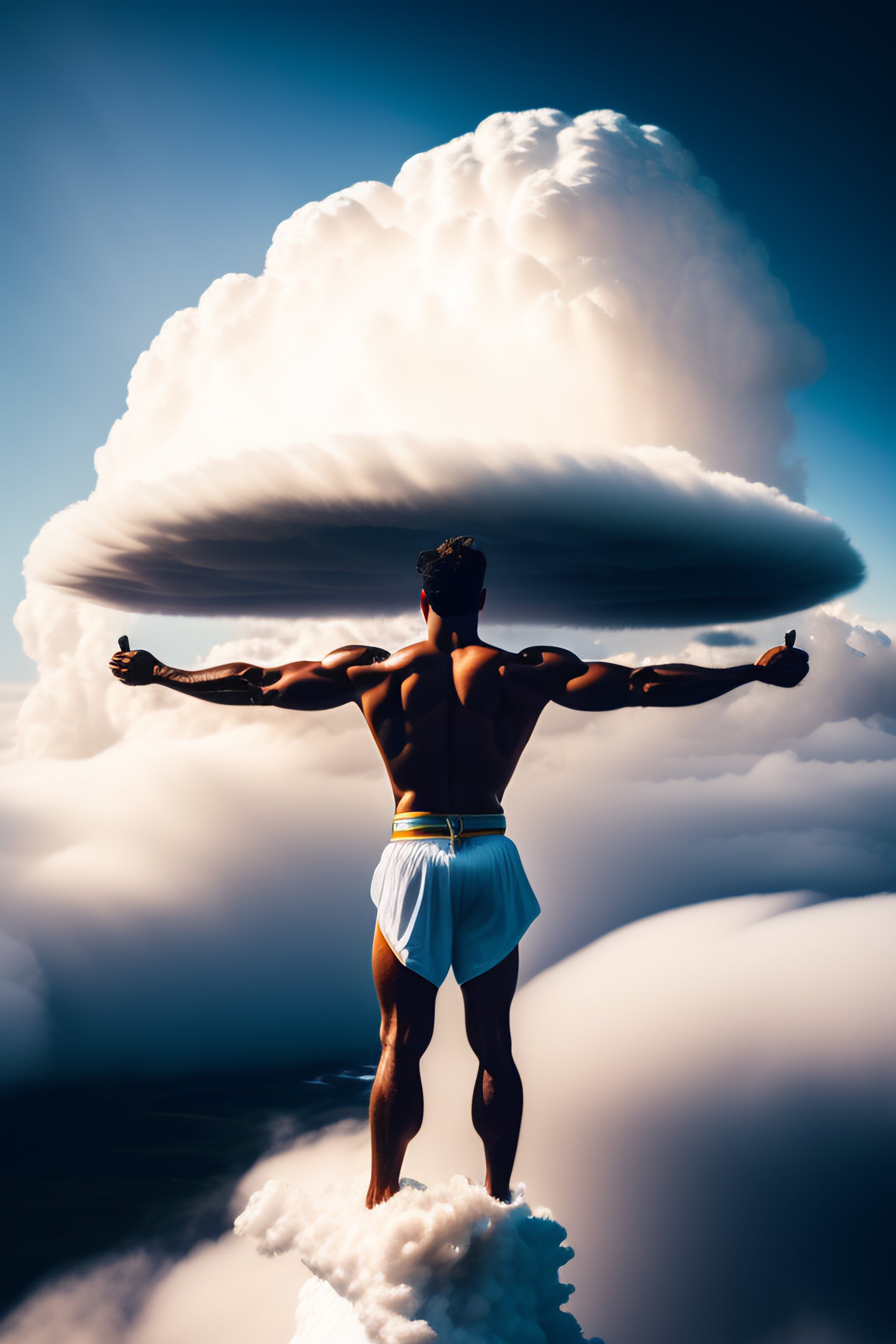 Lexica - A man in the sky with long white loincloth open his arms in ...