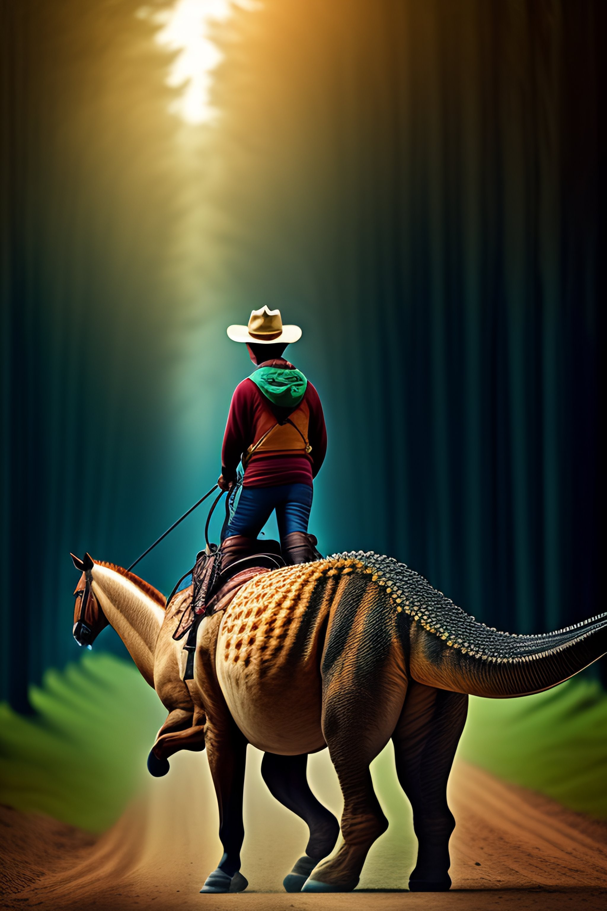 Lexica - Dinosaur riding a horse