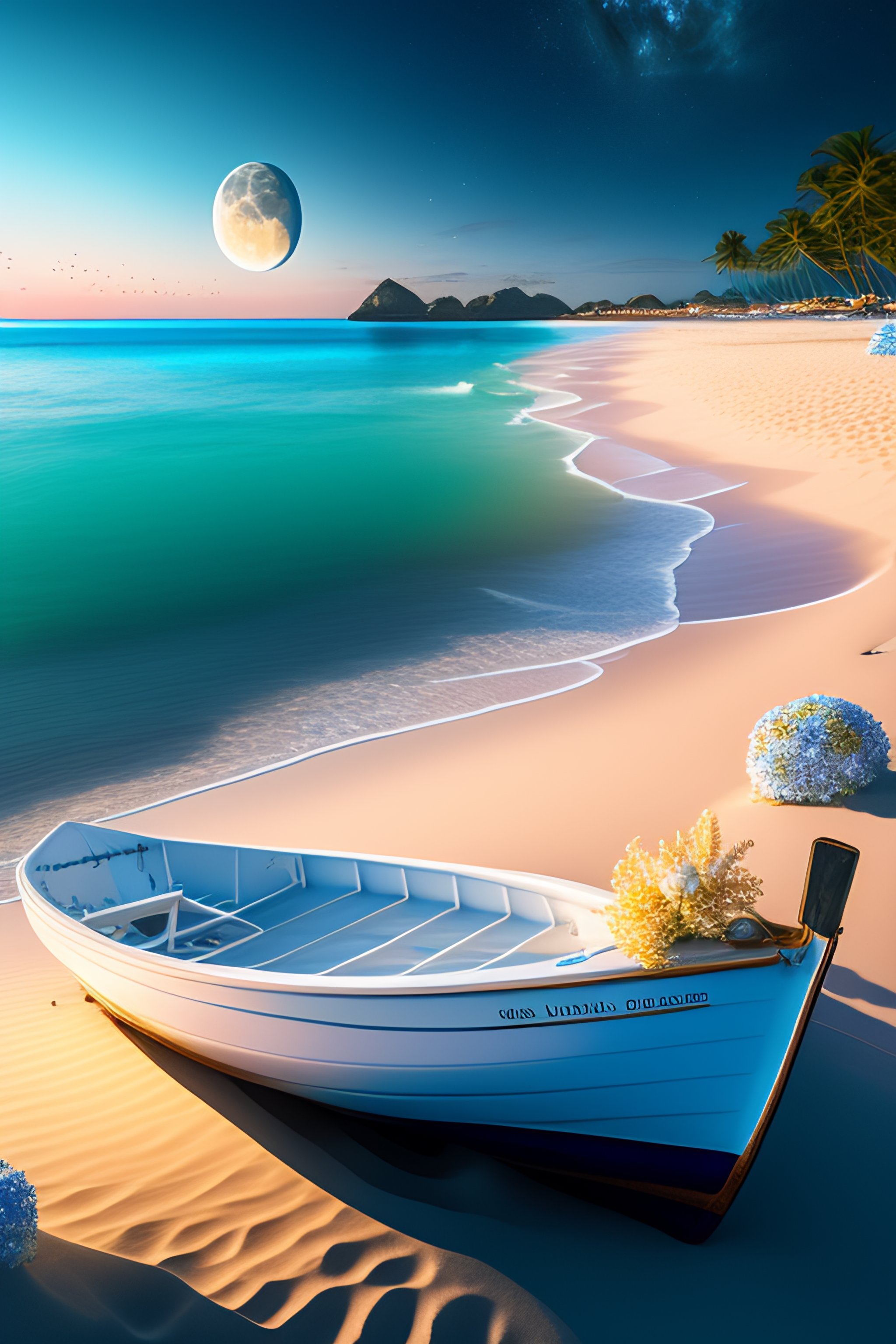 Lexica - Beautiful several small white and blue boats on the sand with ...