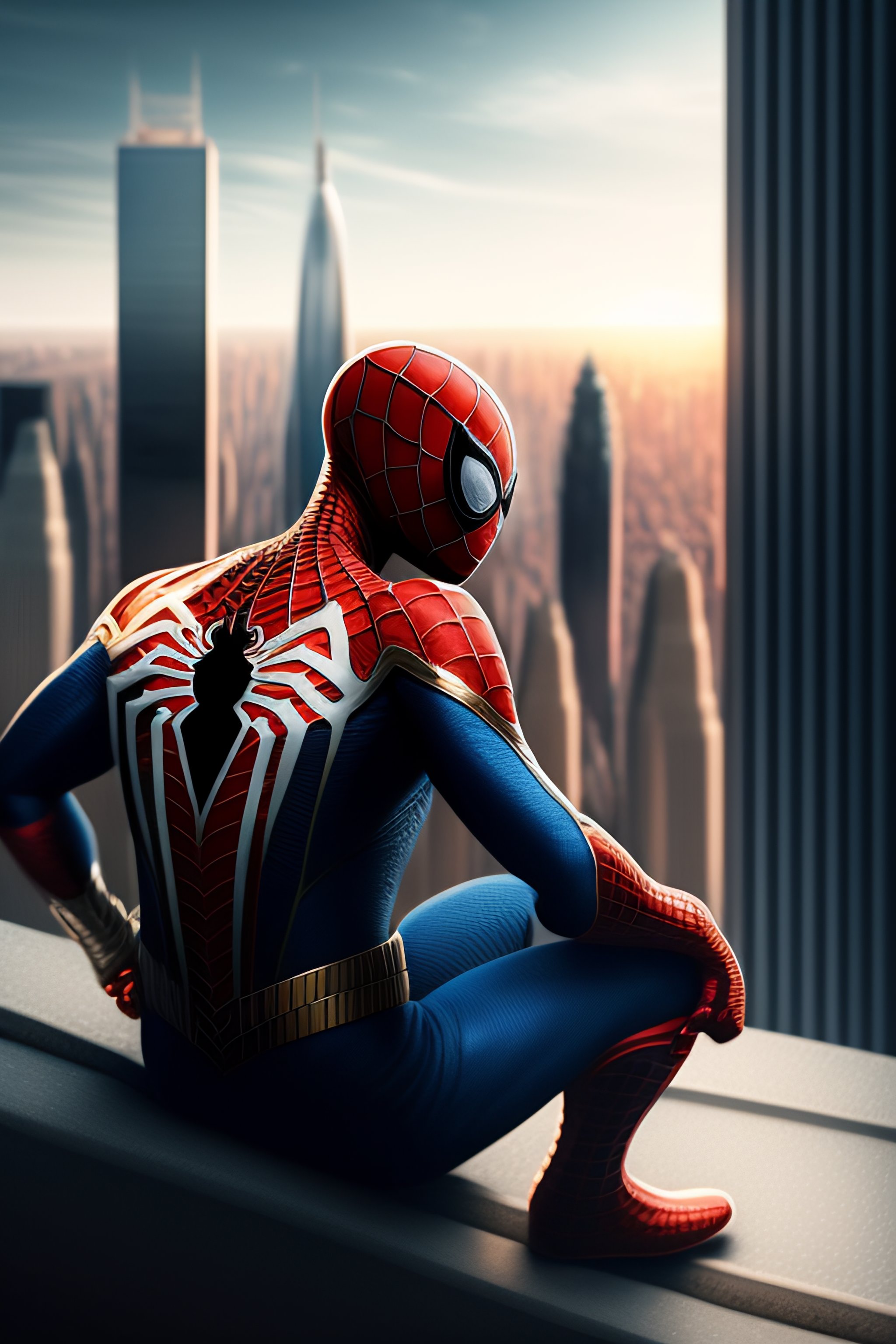 Lexica - “ spiderman sitting on a roof looking down at a city below,  extremely detailed