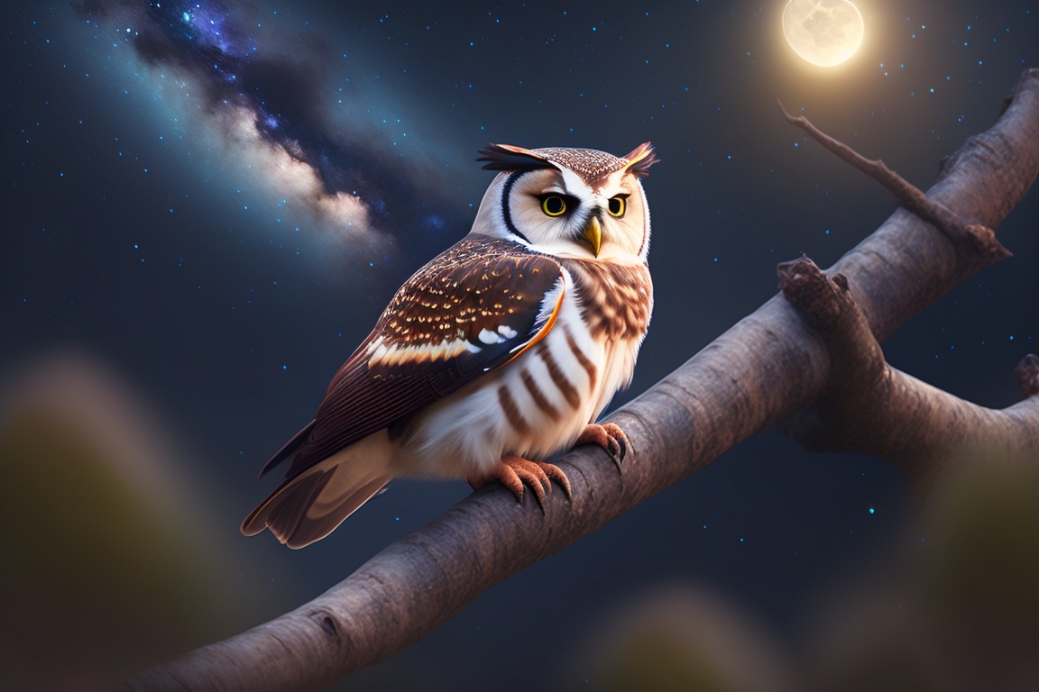 Lexica - Owl perched on a tree branch, gazing at the night sky with wonder