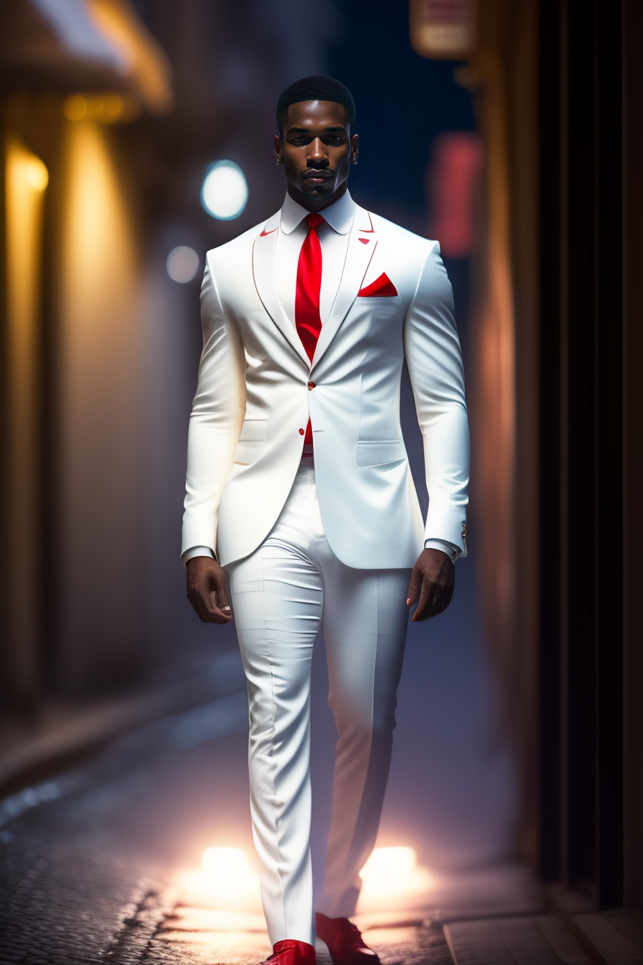Vær tilfreds konkurs Oberst Lexica - Handsome black brazilian man wearing white suit and red tie,  wearing white hat, on street at night, in arcos da lapa rio de janeiro,  full bo...