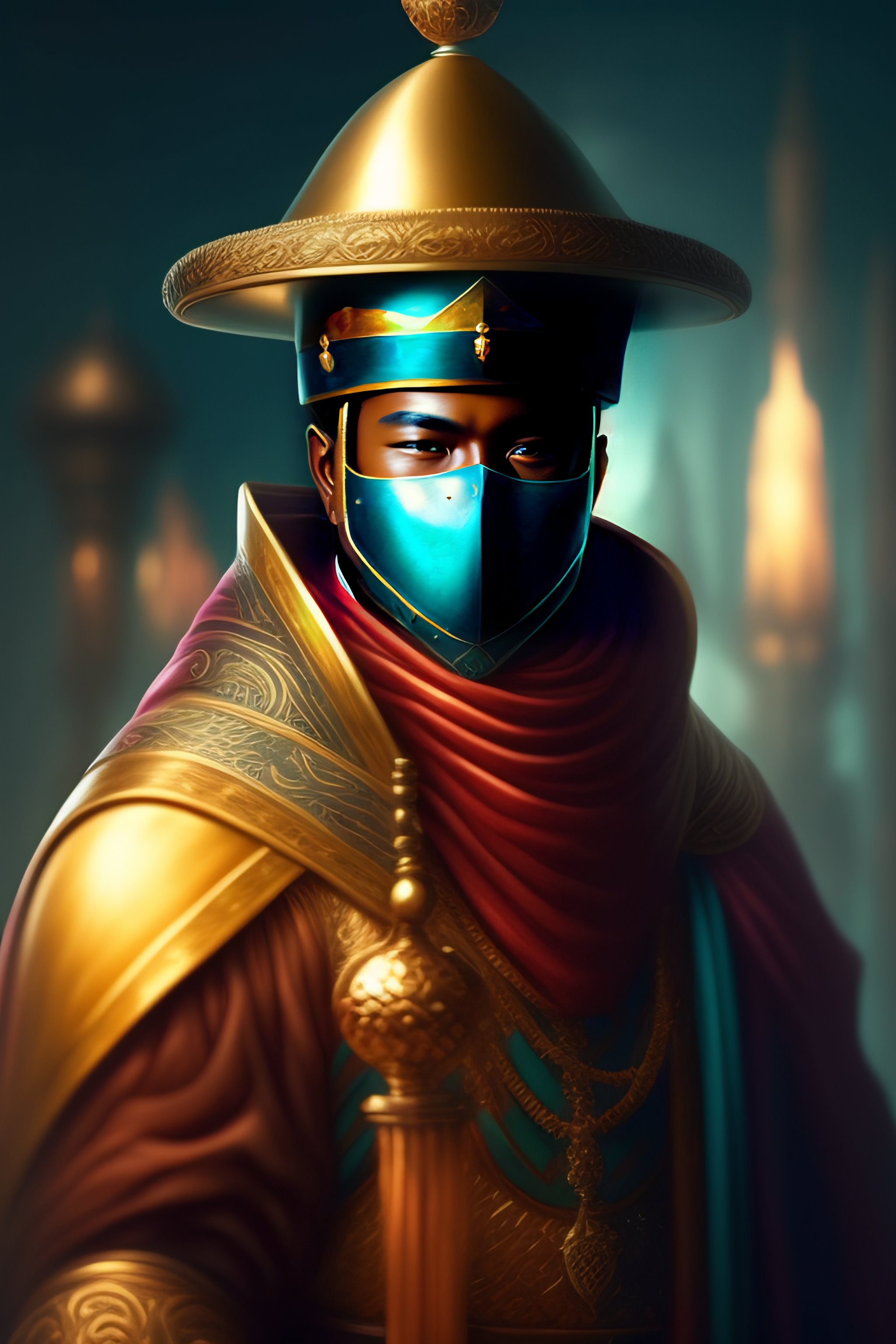 Lexica - Magician man, goggles on neck, jade helmet