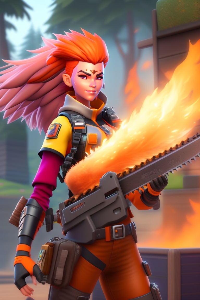 Lexica Fortnite femail character with flaming hairs, chainsaw in the