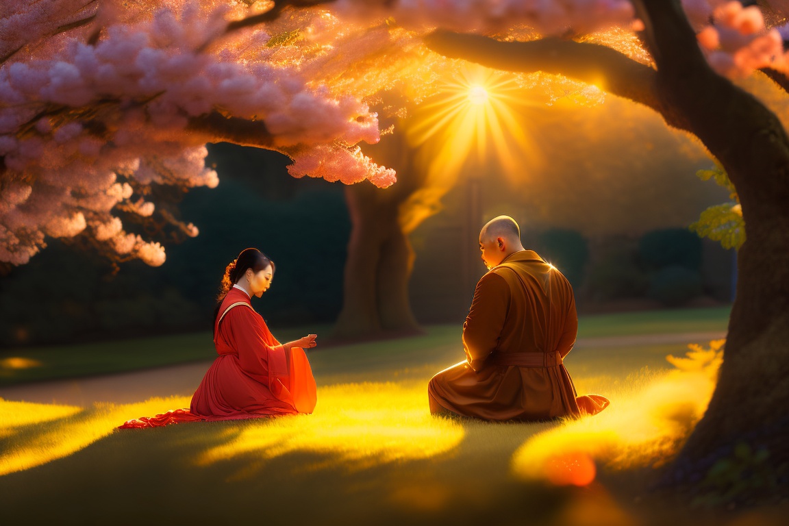 Lexica - A serene garden bathed in golden sunlight, with a woman ...