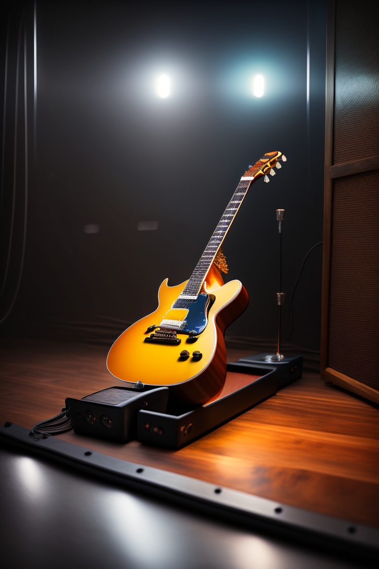 Lexica Guitar pedalboard in a dark room, with lights illuminating the