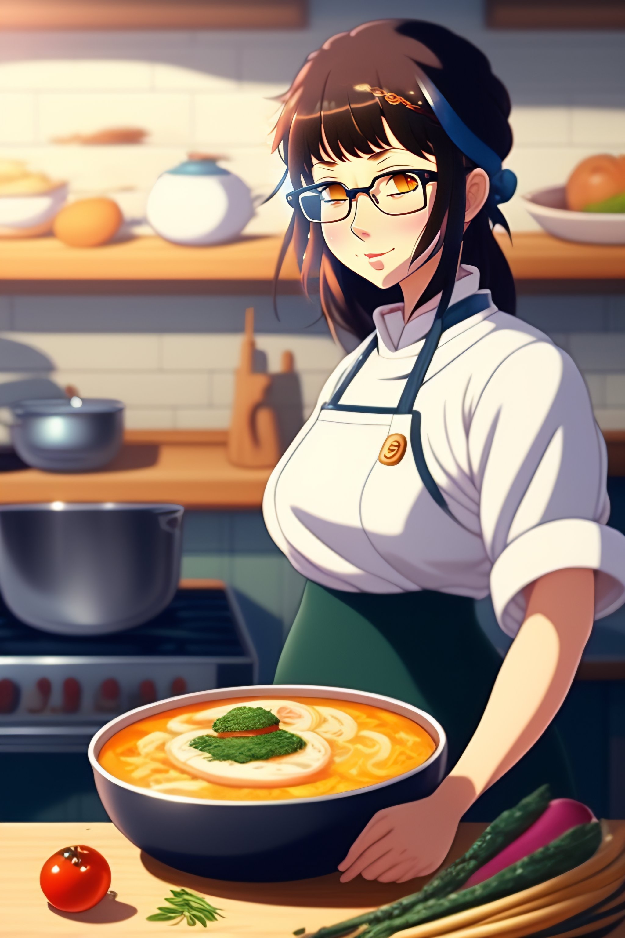 Lexica Girl with round glasses cooking, ghibli, anime style