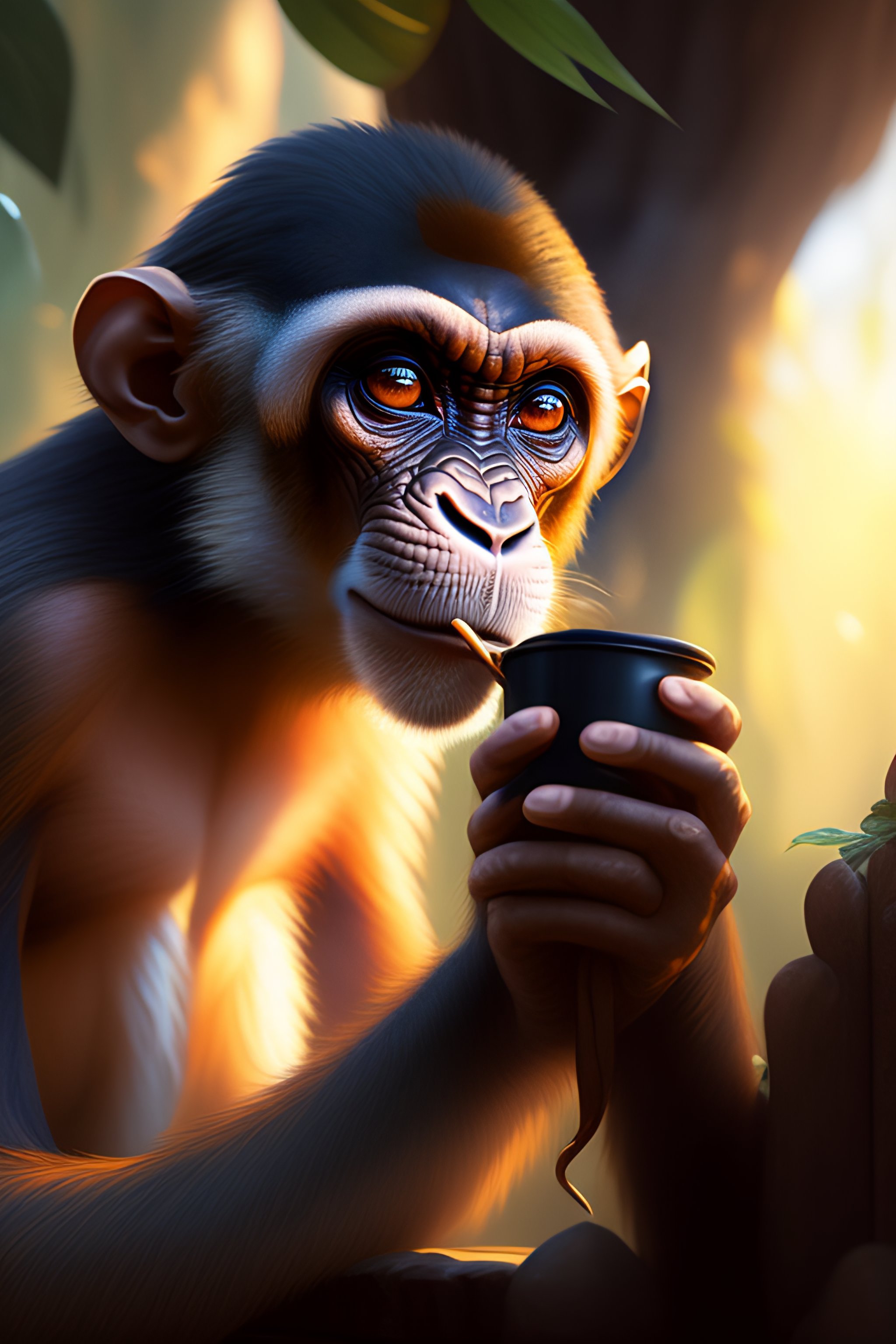 Lexica - Highly detailed portrait of a monkey drinking Coffee, stephen