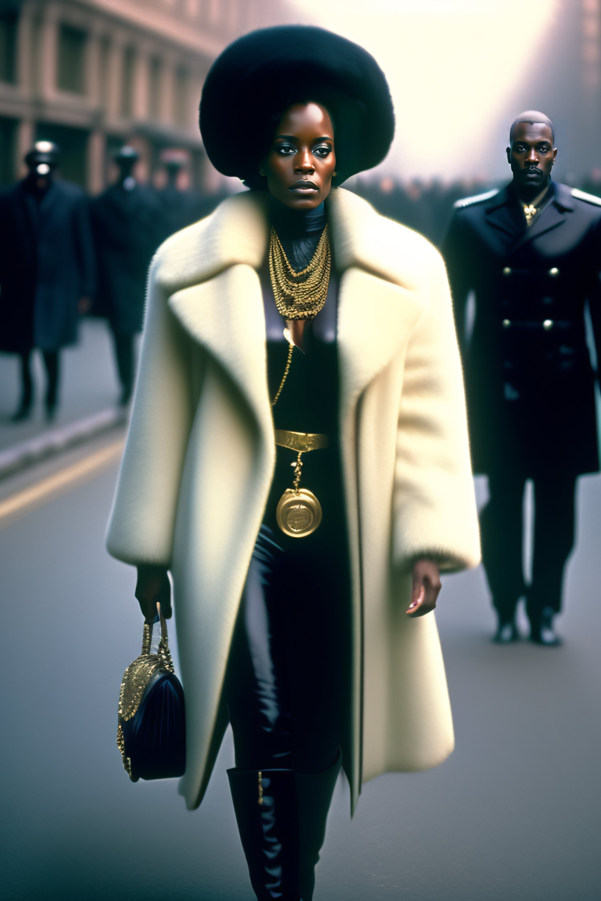 Lexica - A real person in high quality photography picture looking like a  black pimp with black leather clothes and a white fur coat and a big  machin