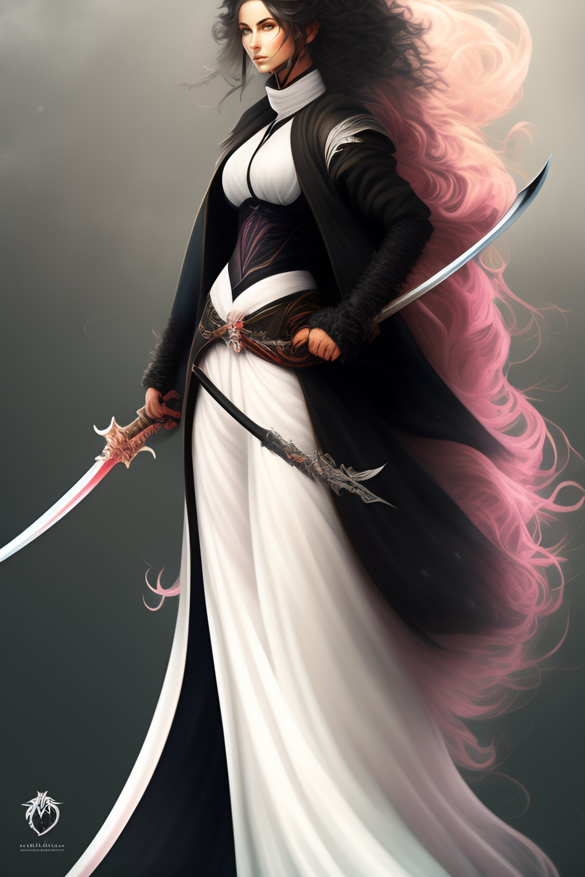Lexica - Full body portrait of female swordsman, long white hair, black ...