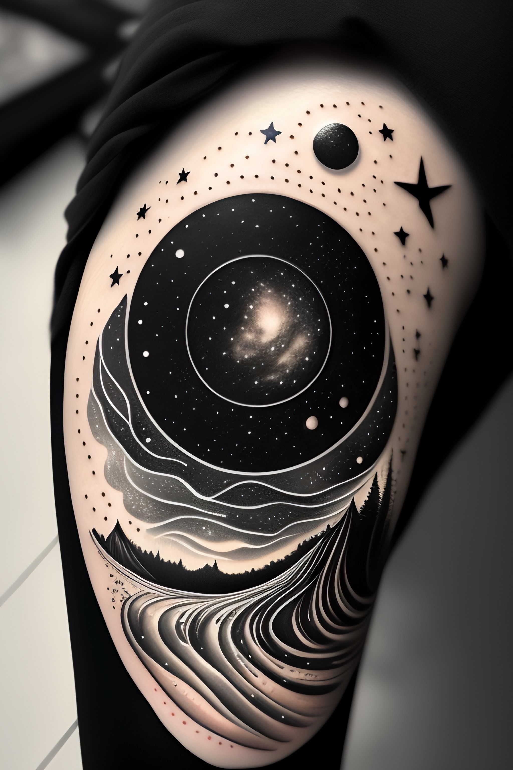 Lexica Show me a space and time tattoo on forearm in black and white