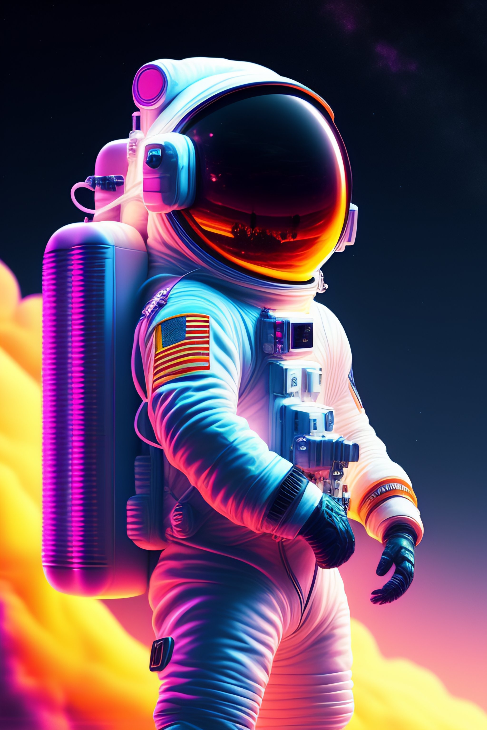 Synthwave spaceman gazing at vibrant space scene