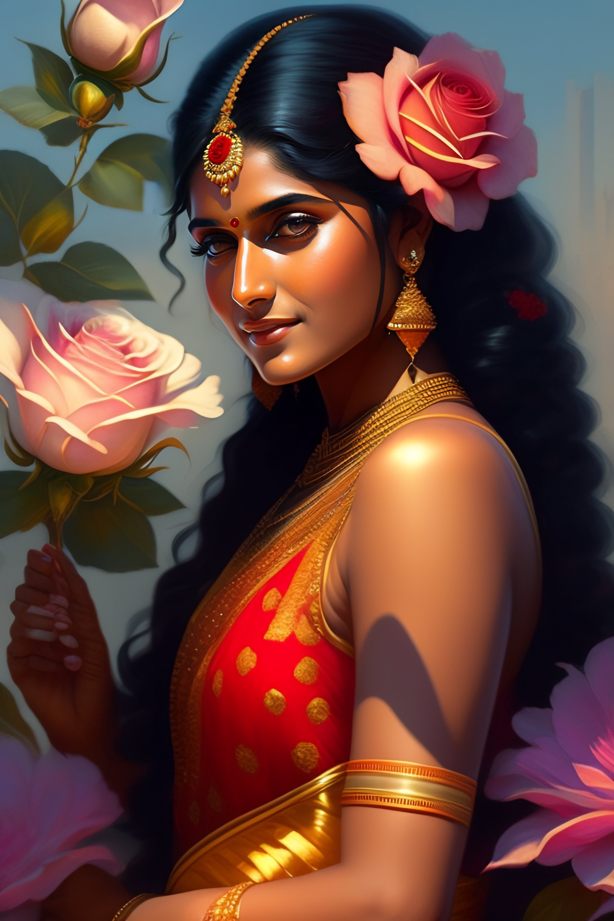 Lexica - Indian actress niveda thomas, smelling a flower, roses everywhere, highly  detailed, digital painting, artstation, concept art, smooth, sharp