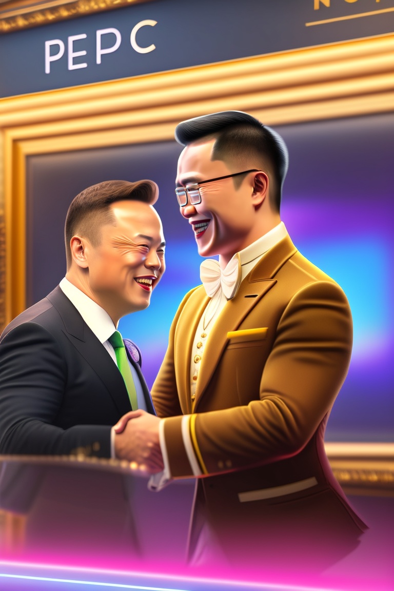 Lexica - Pepe cryptocurrency handshaking Elon Musk with CZ binance laughing  in the background, the image should be 3d and realistic with depth in it.