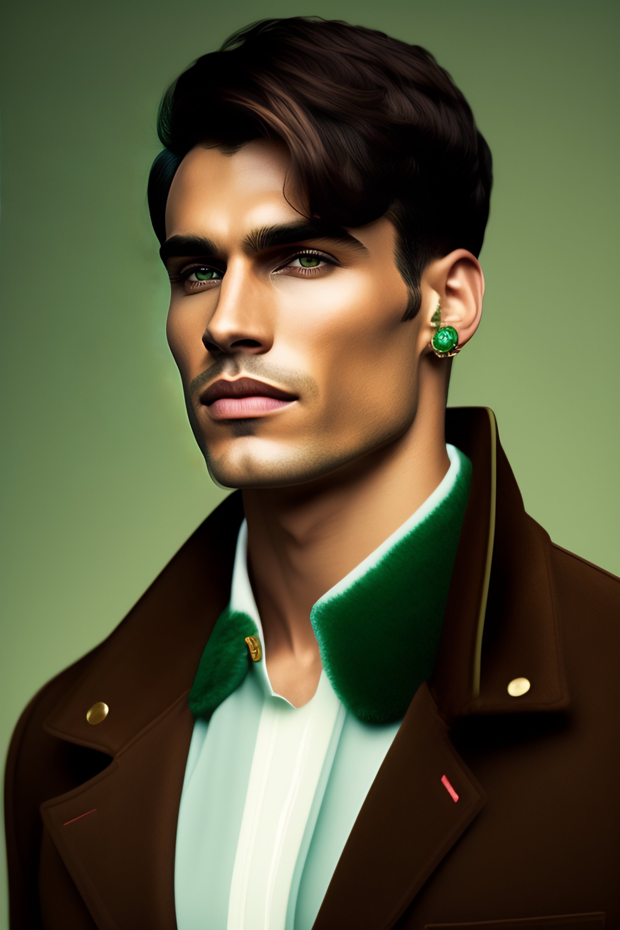 Lexica A Man With Short Brown Hair And Dark Eyes Wearing A Dark Green Jacket And With An 4436