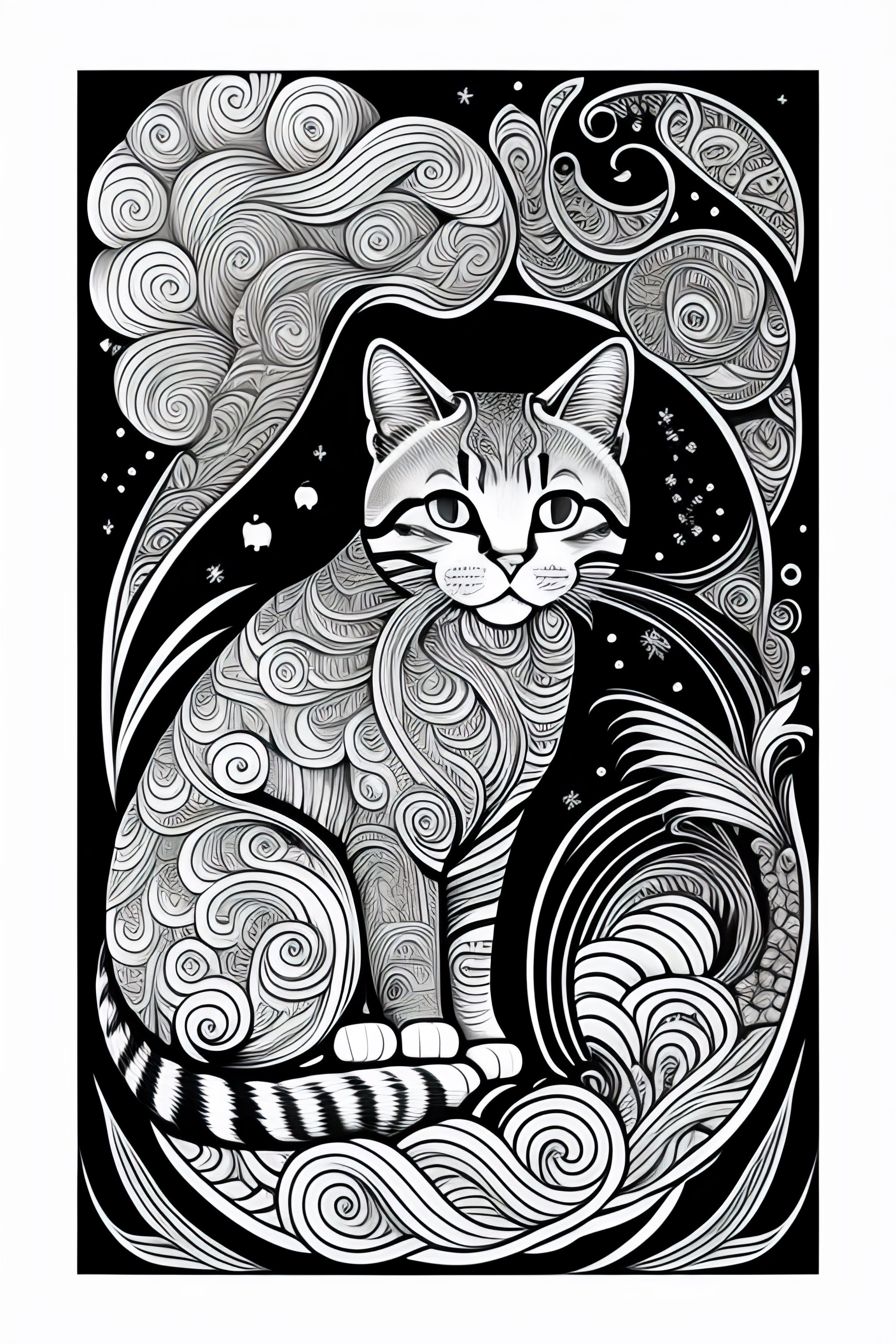 Lexica - Cat style coloring book for kids , outline art, drawing, sketch,  b&w, not overcrowded