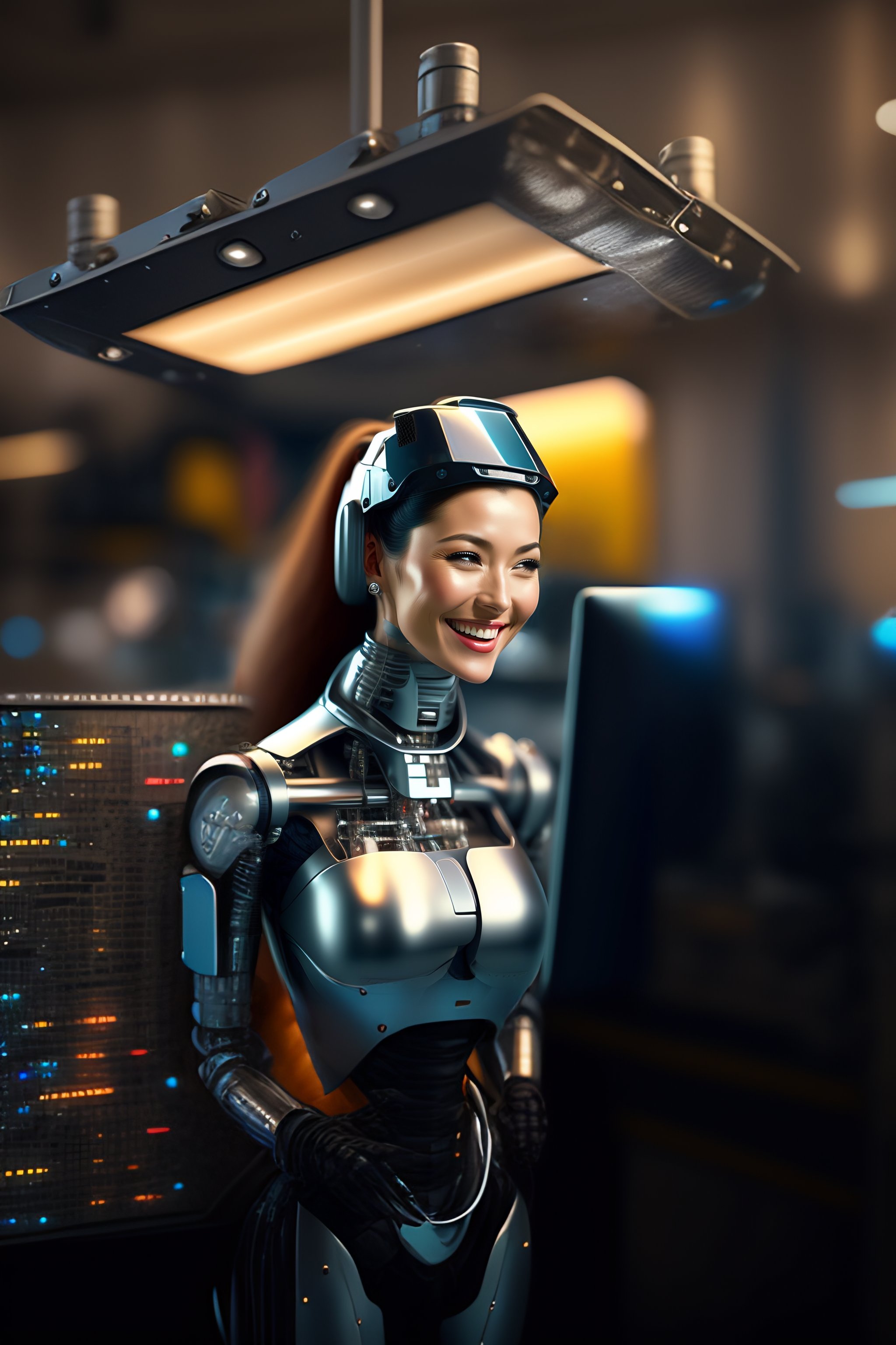 Lexica - High-resolution female robot working on a computer laughing ...