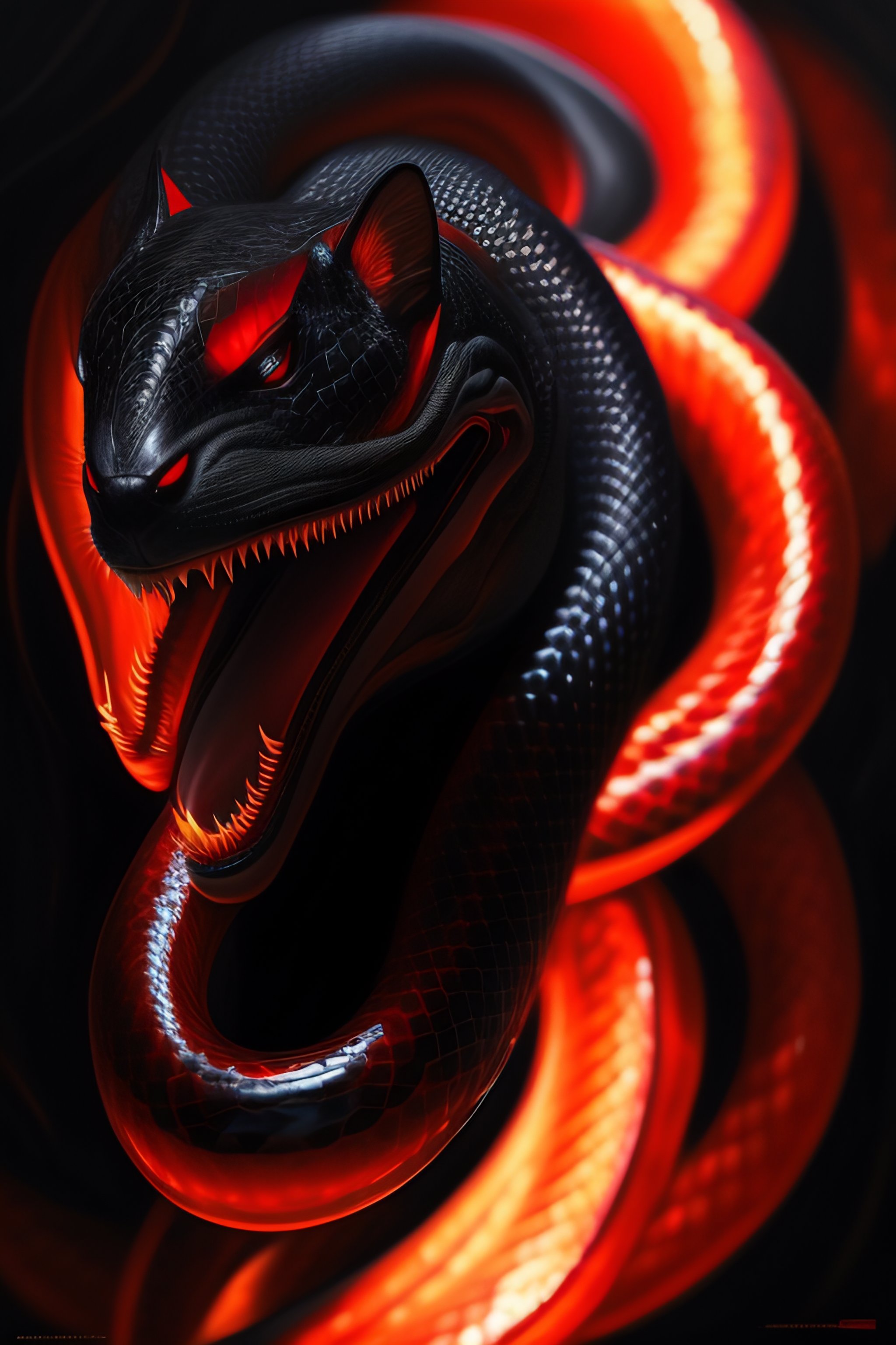 Lexica - Black colored snake!, red snake eyes, toothy mouth with fangs,  coiled body, threatening posture before attack, elegant pose, atmospheric  lig