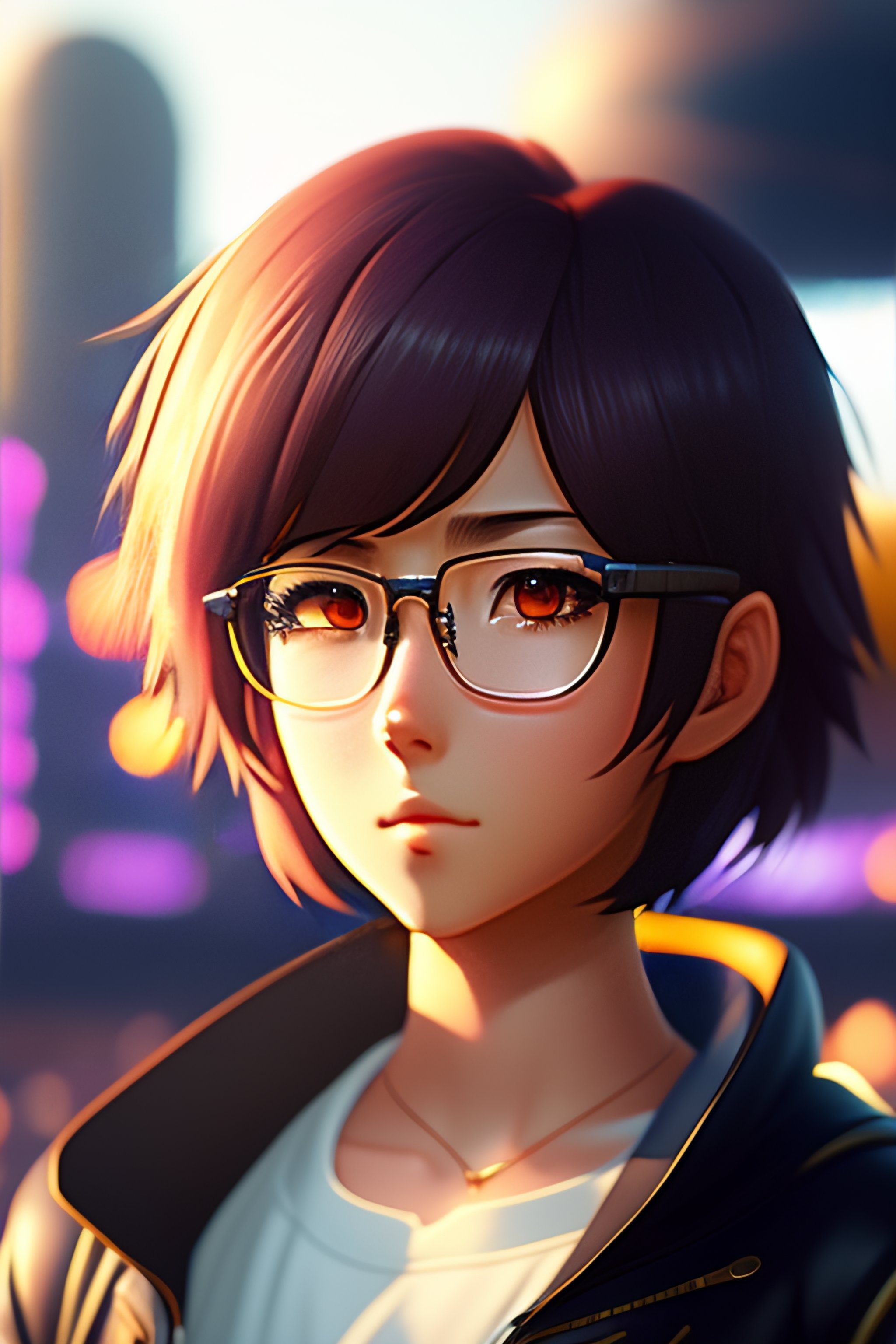 Lexica - Anime screenshot girl with short brown wolf cut hair with brown eyes and round glasses ...