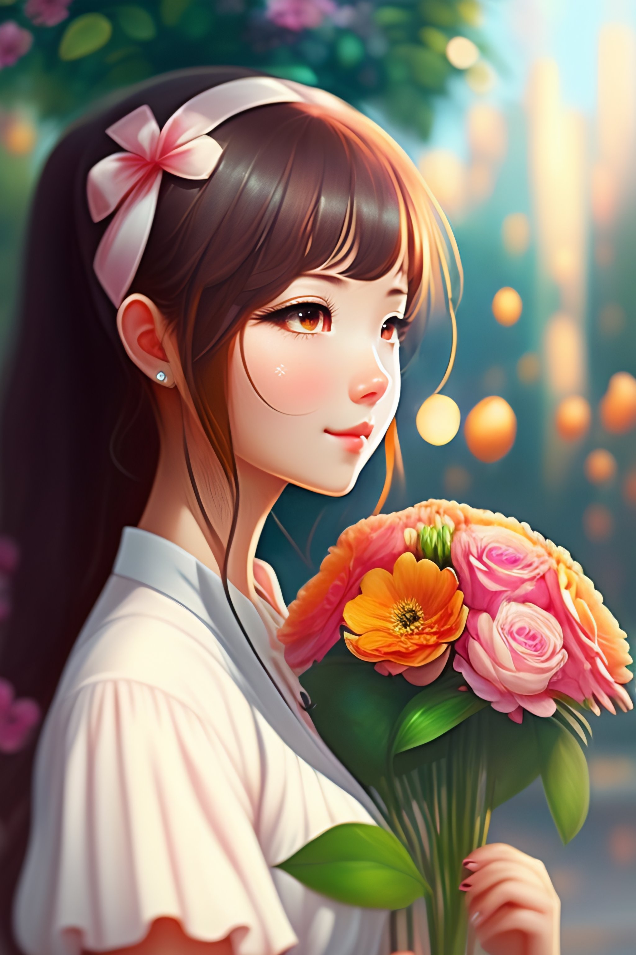 Lexica - Girl holding a flower bouquet anime