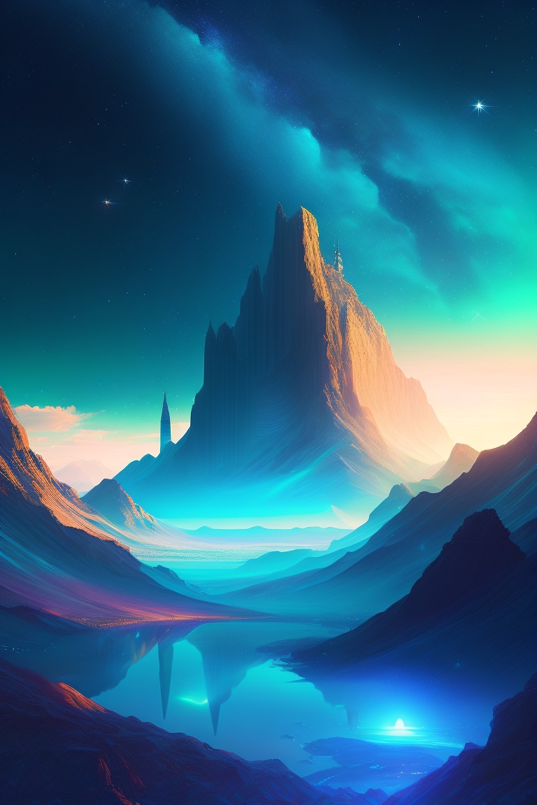 Lexica Scifi city at vast green and blue valley, sky full of stars